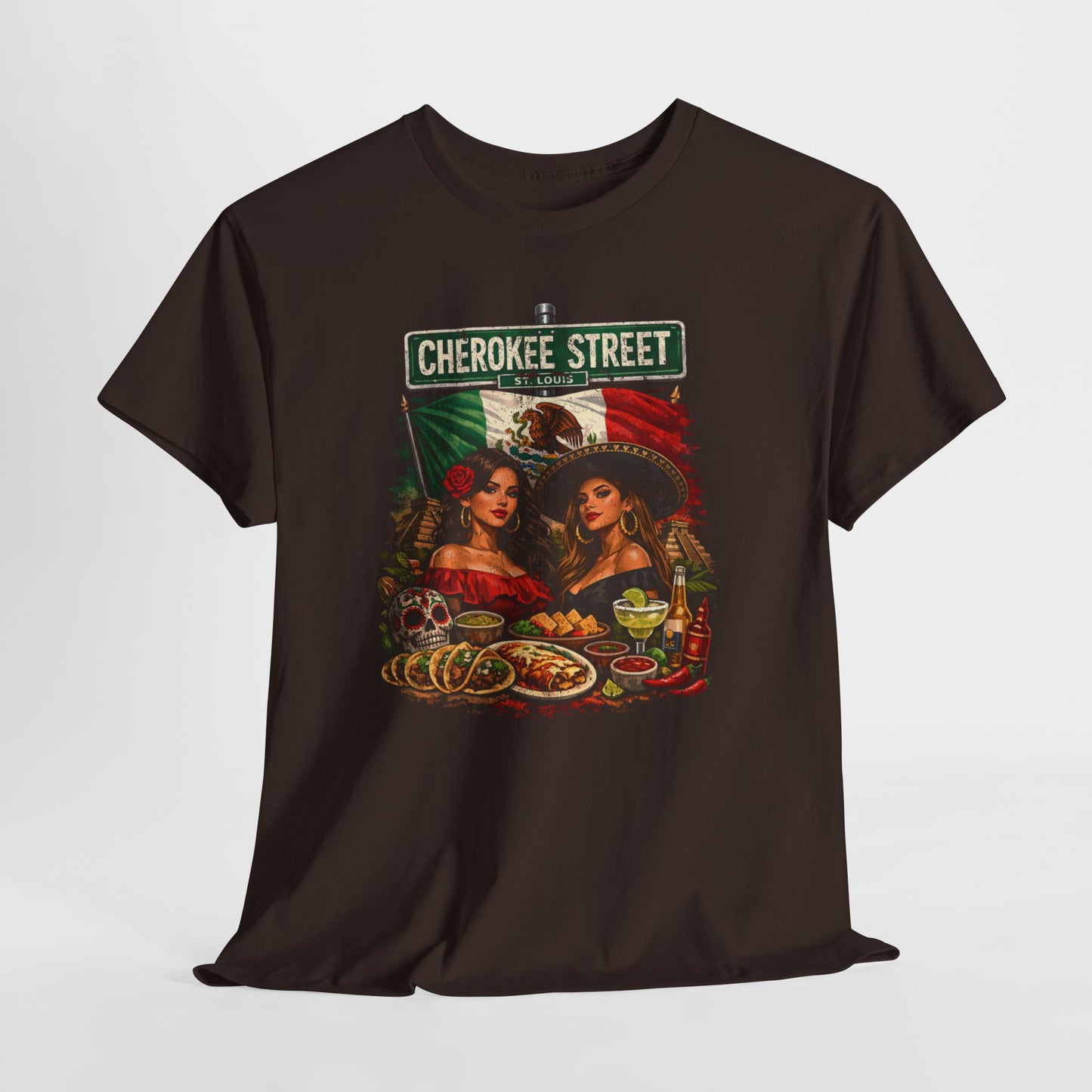 Cherokee Street Mexican Food Tee — Vintage Chicana Girls Street Sign T-Shirt