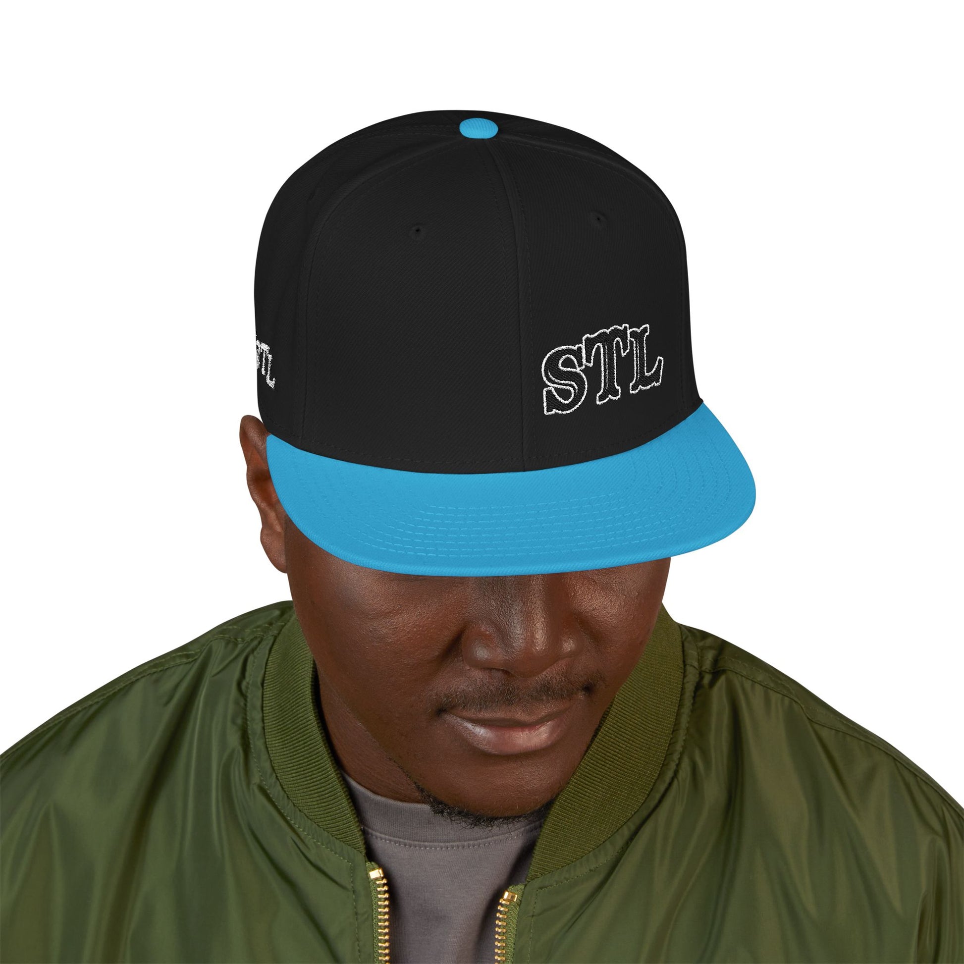 STL Embroidered Snapback Hat- Black & White Lettering Printify