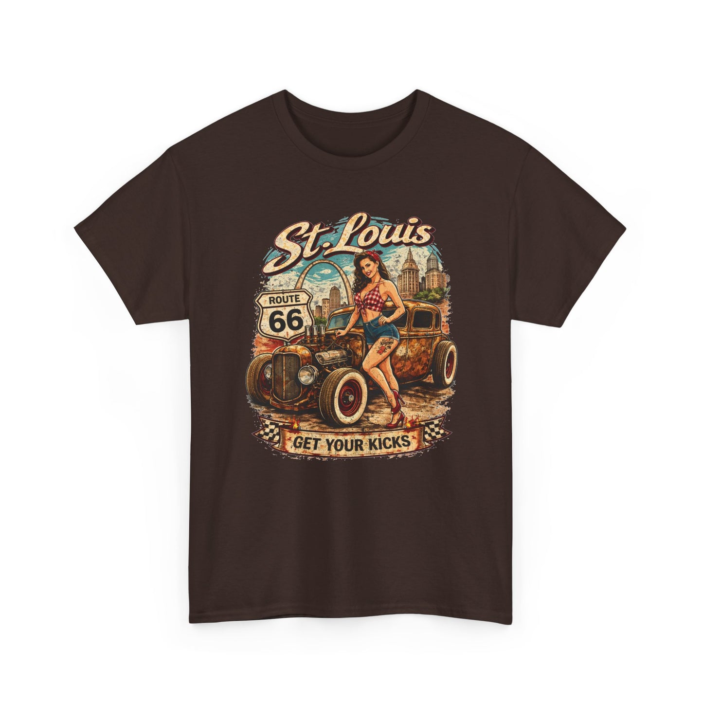 St. Louis Route 66 Vintage Car T‑Shirt — "Get Your Kicks" Retro Road Trip Tee Printify
