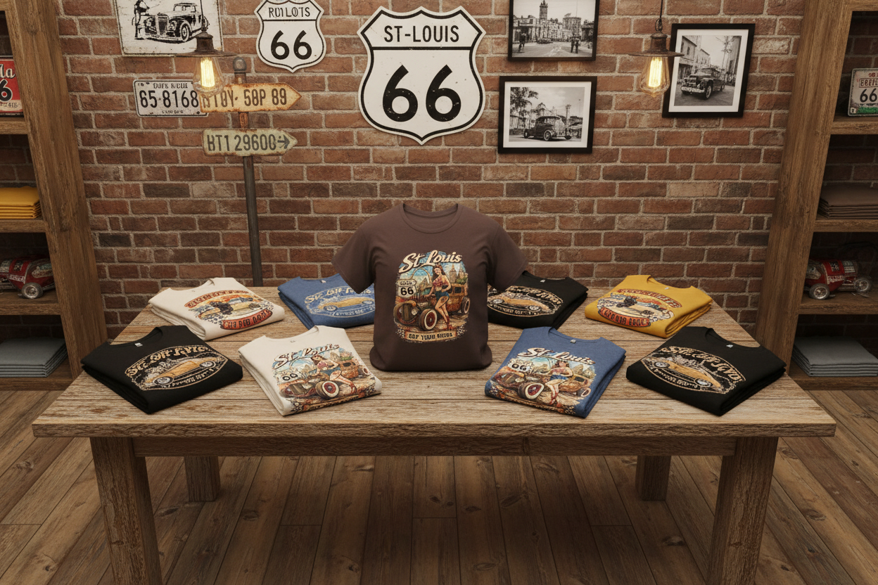 St. Louis Route 66 Vintage Car T‑Shirt — "Get Your Kicks" Retro Road Trip Tee Printify