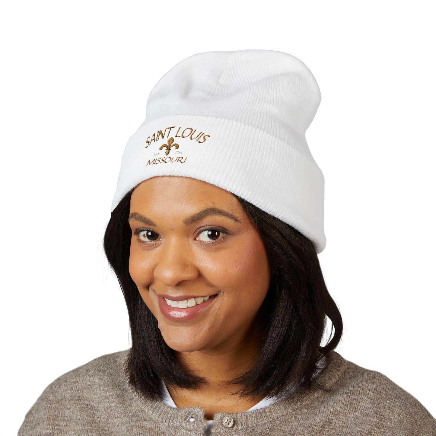 Saint Louis Embroidered Beanie — Brown Lettering