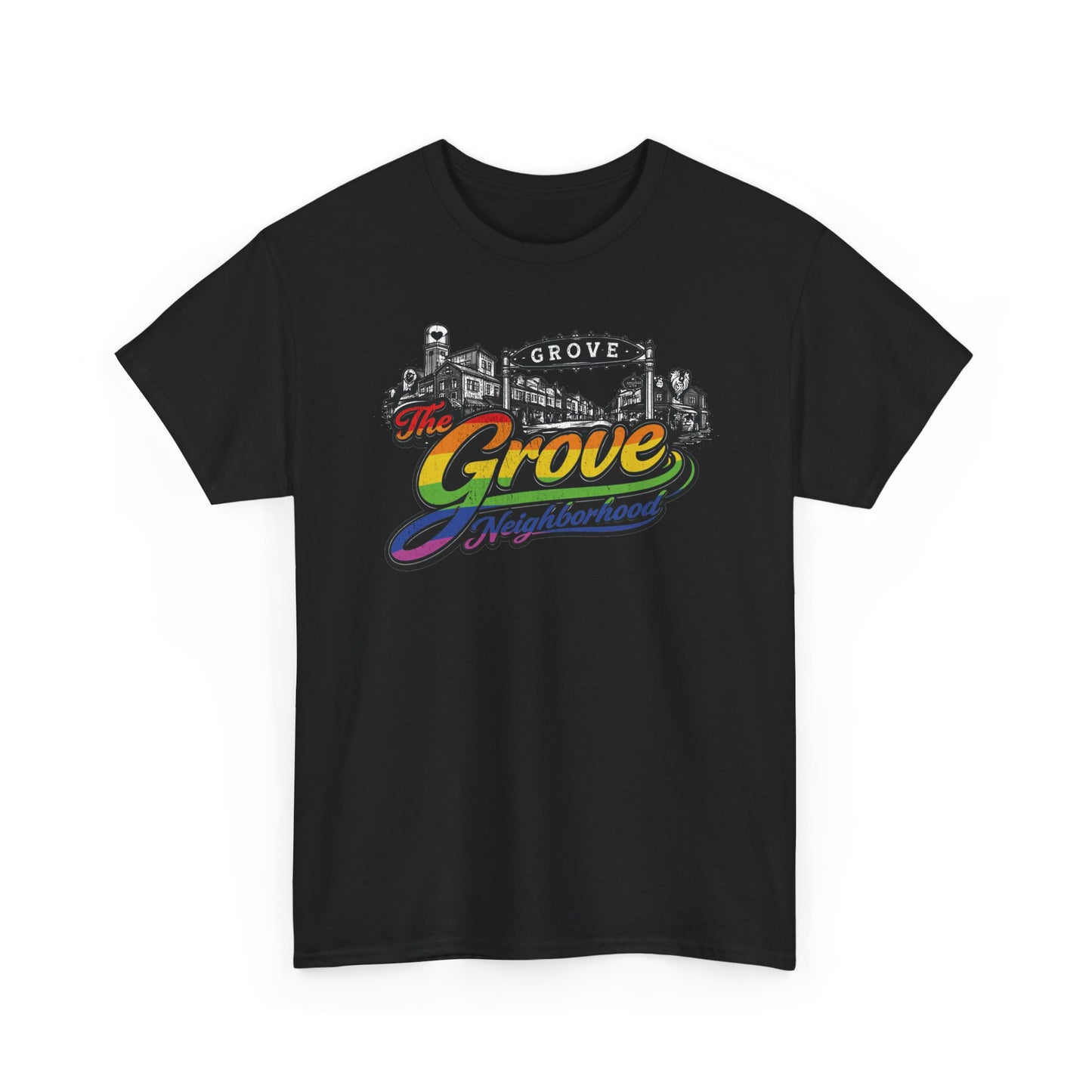 The Grove Neighborhood Tee — Retro Rainbow Logo T-Shirt