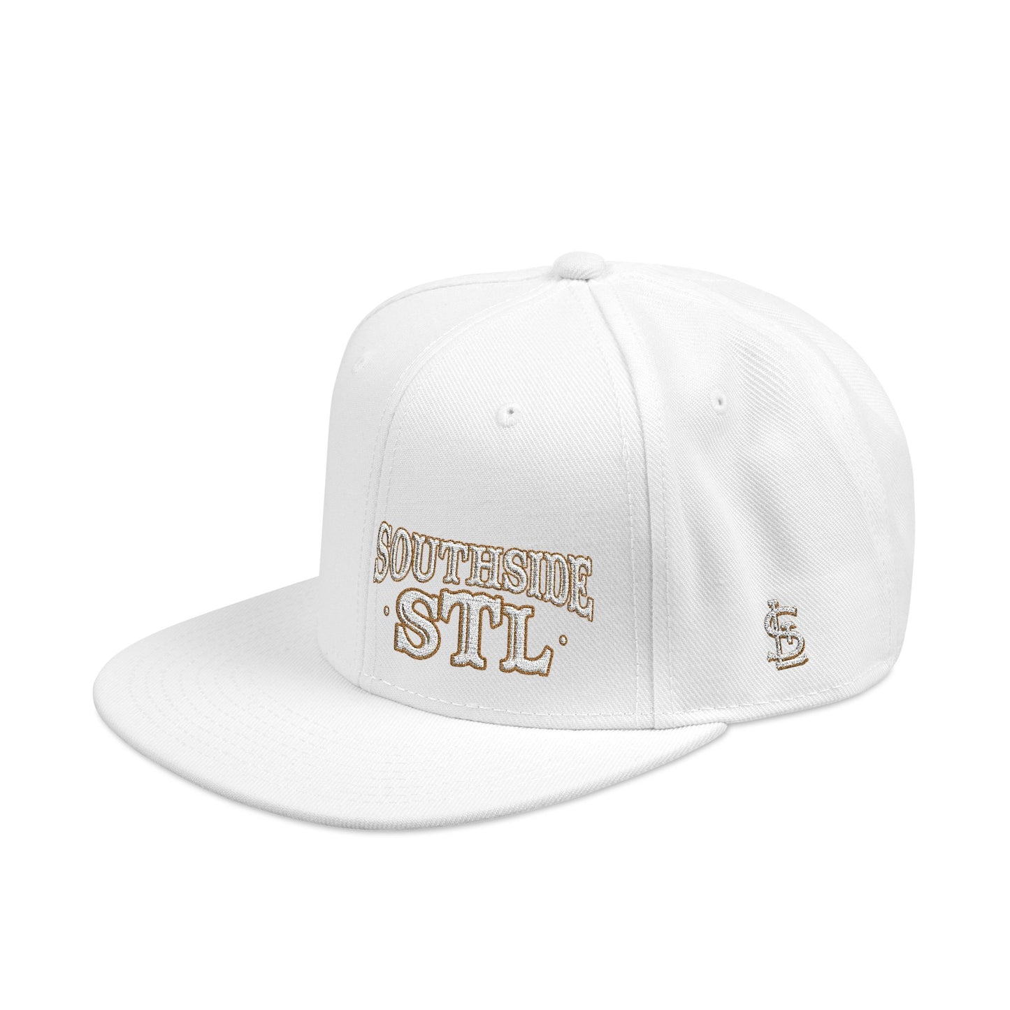 Embroidered Snapback Hat - Southside STL - White & Gold Lettering Printify