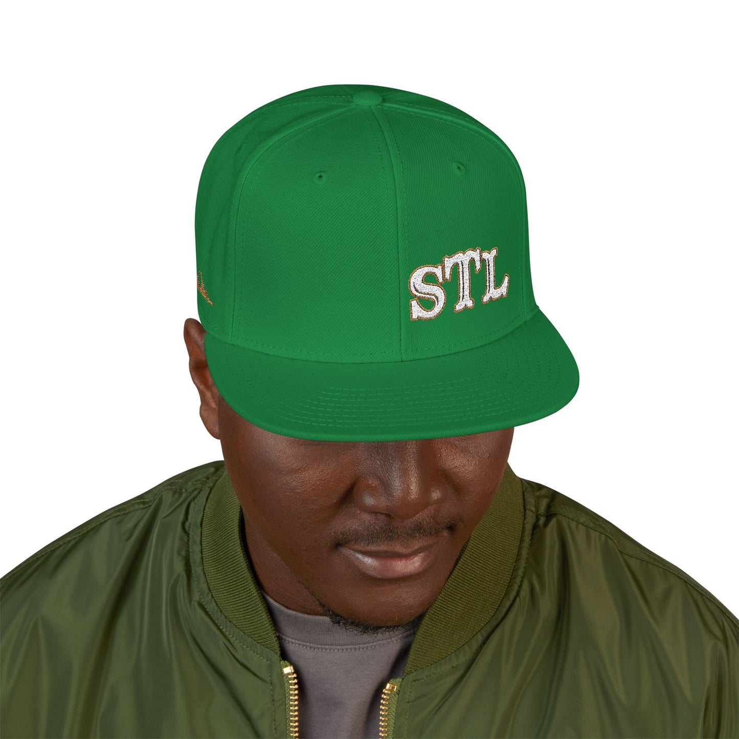 STL Embroidered Snapback Hat- Gold & White Lettering Printify