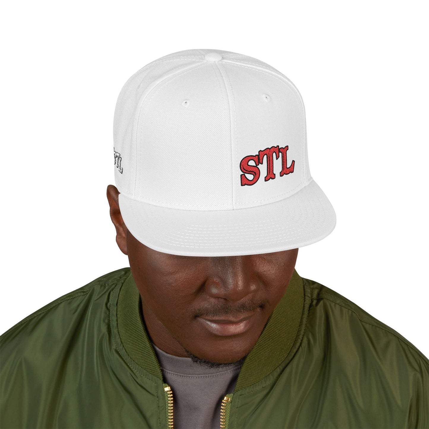 STL Embroidered Snapback Hat-Red & Black Lettering Printify