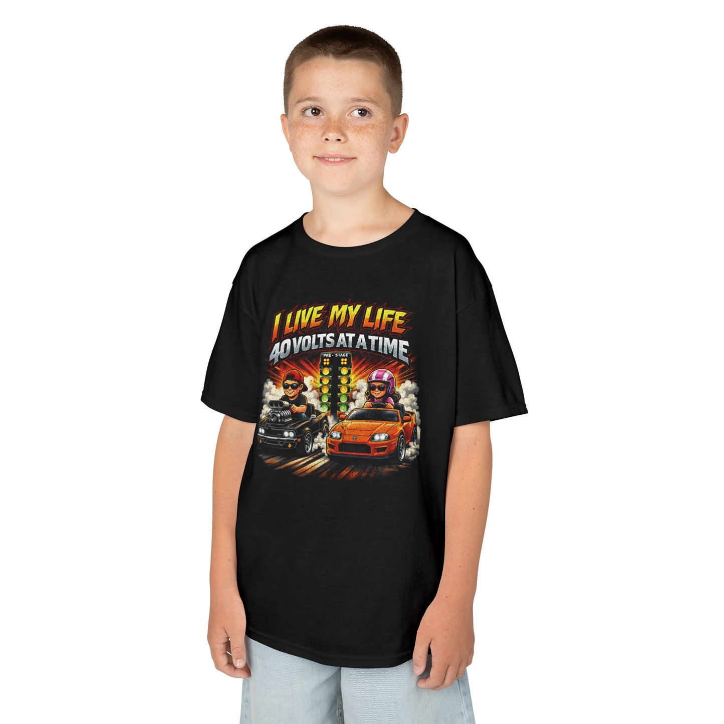 Kids Racing T‑Shirt - "I Live My Life 40 Volts at a Time" Car Graphic Tee