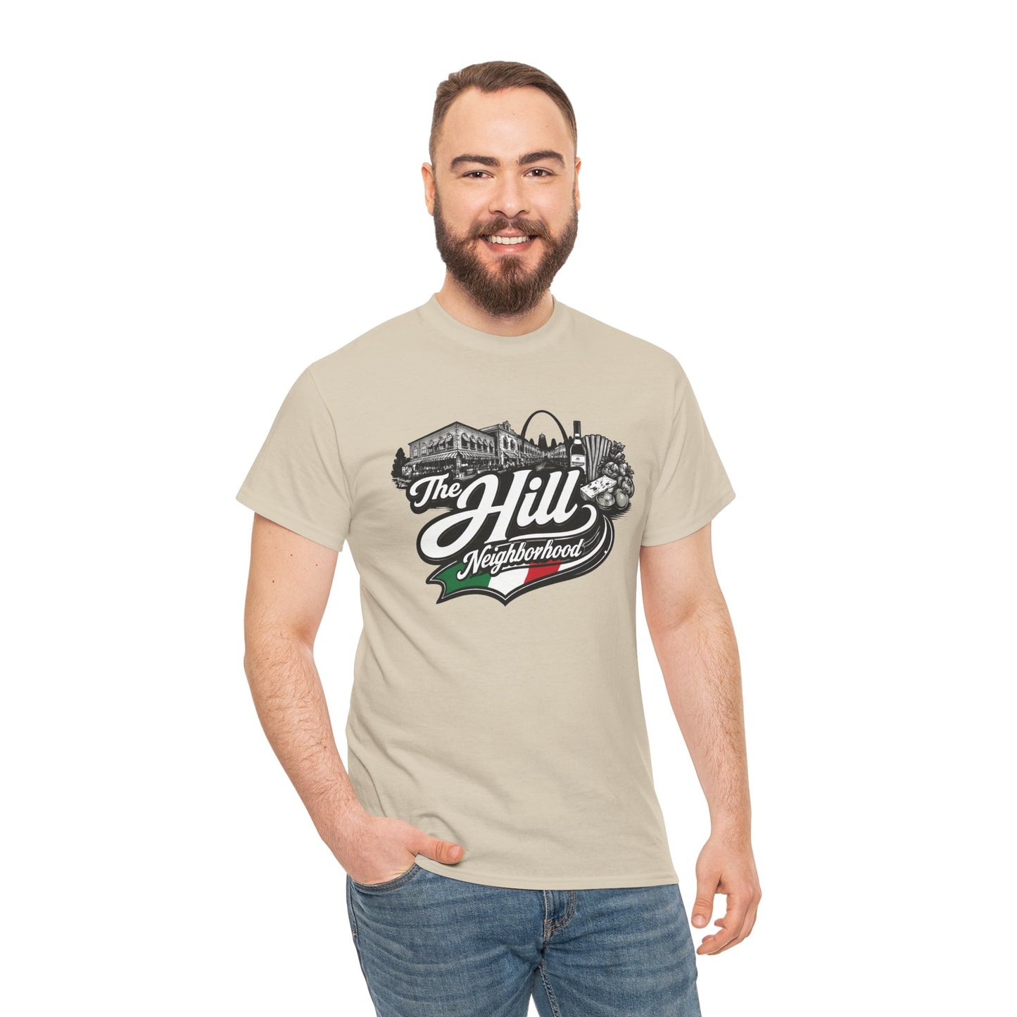 The Hill Neighborhood T-Shirt — Vintage Cityscape Tee with Red, White & Green Accents
