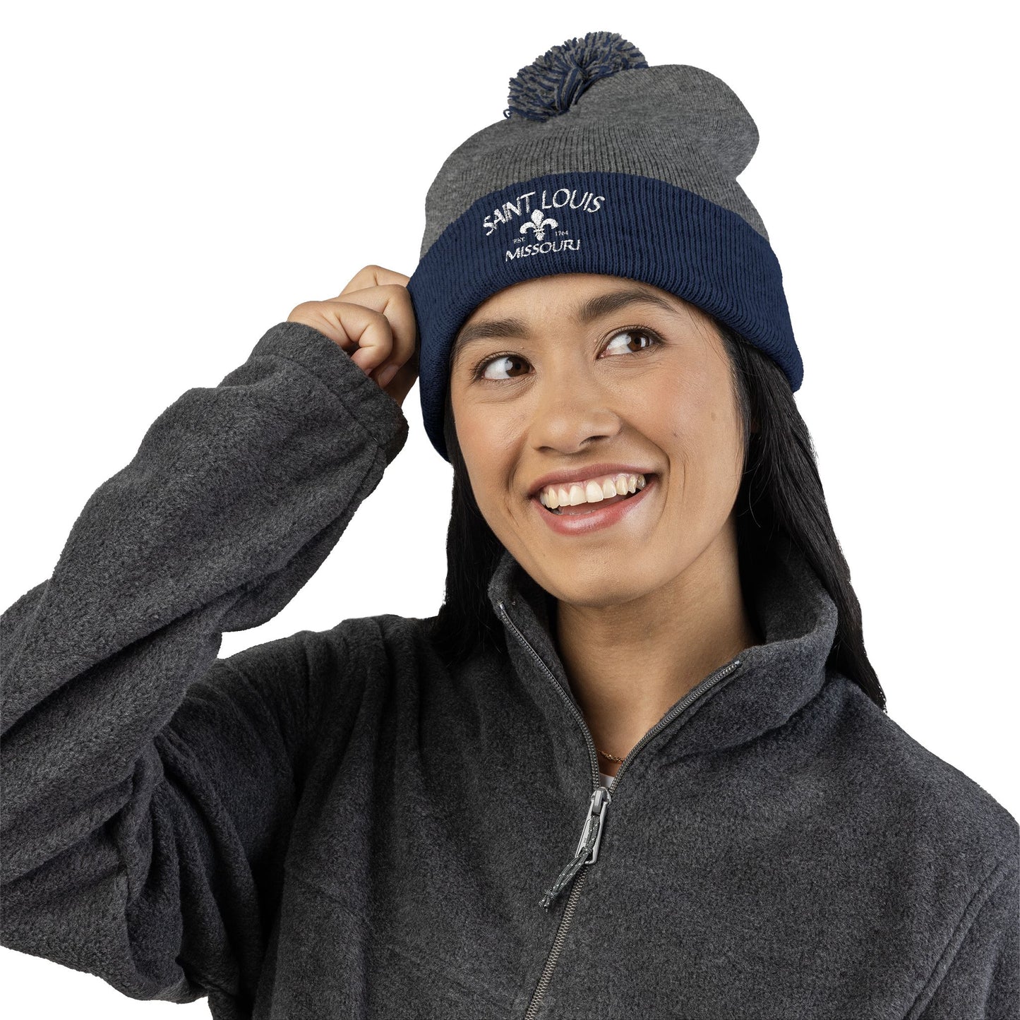 St. Louis Pom Pom Knit Cap — Embroidered Cuffed Beanie