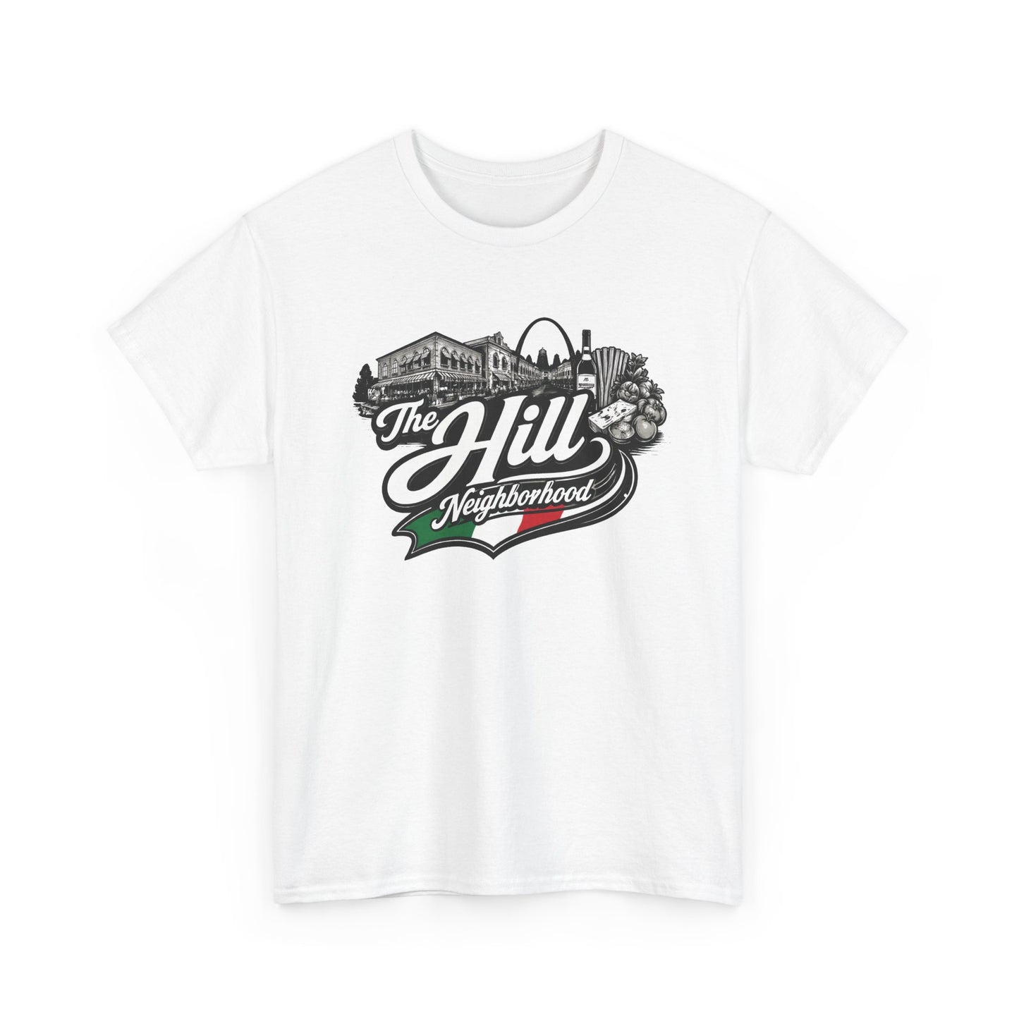 The Hill Neighborhood T-Shirt — Vintage Cityscape Tee with Red, White & Green Accents