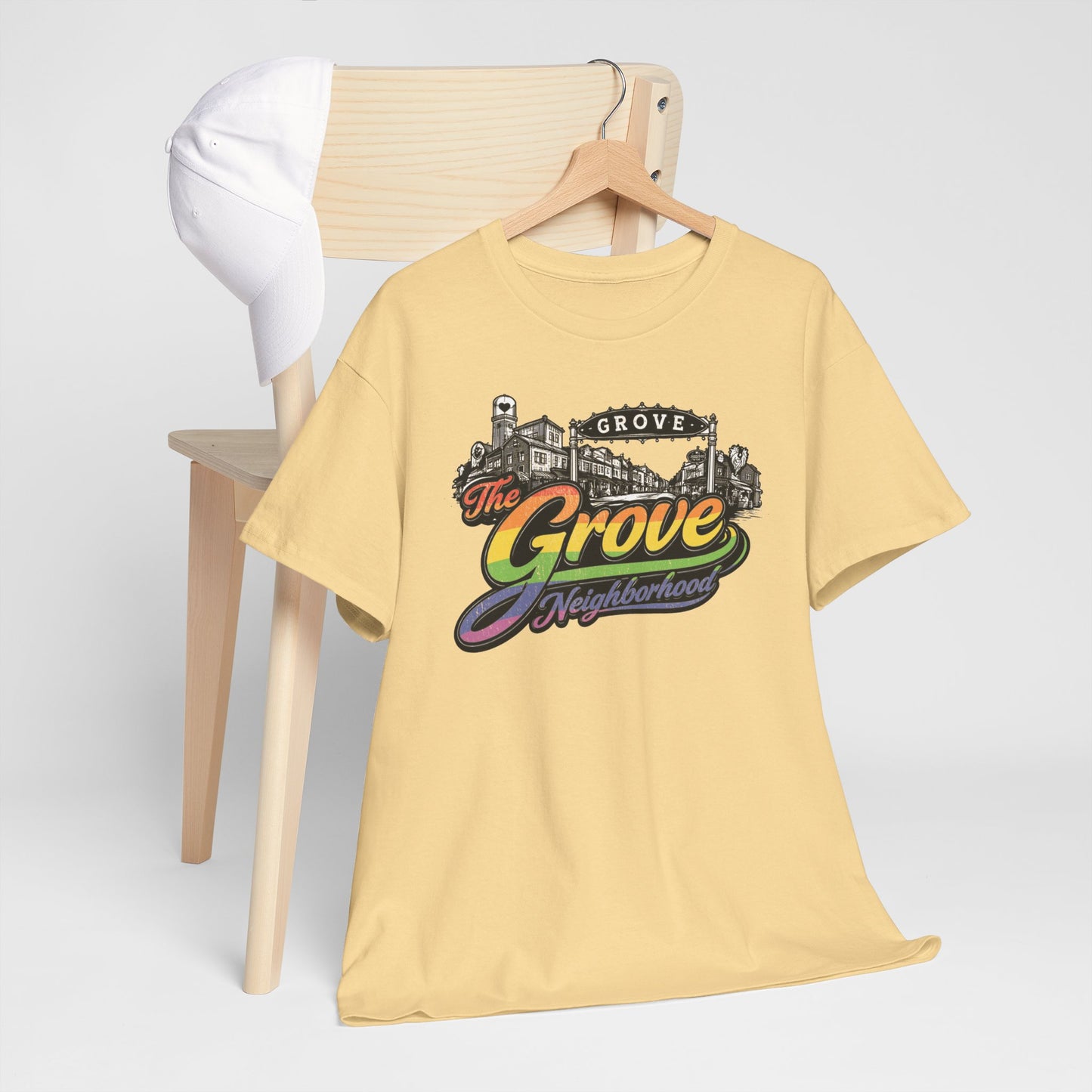 The Grove Neighborhood Tee — Retro Rainbow Logo T-Shirt