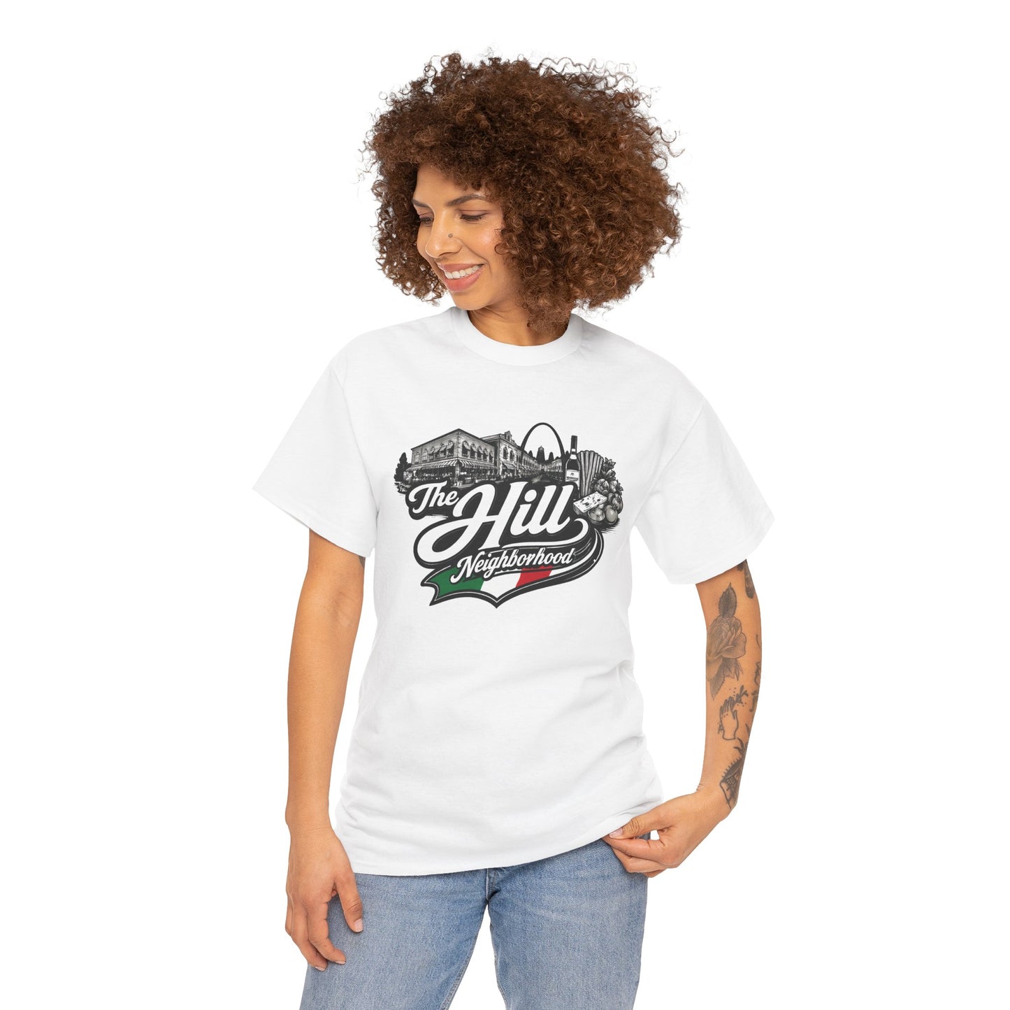 The Hill Neighborhood T-Shirt — Vintage Cityscape Tee with Red, White & Green Accents