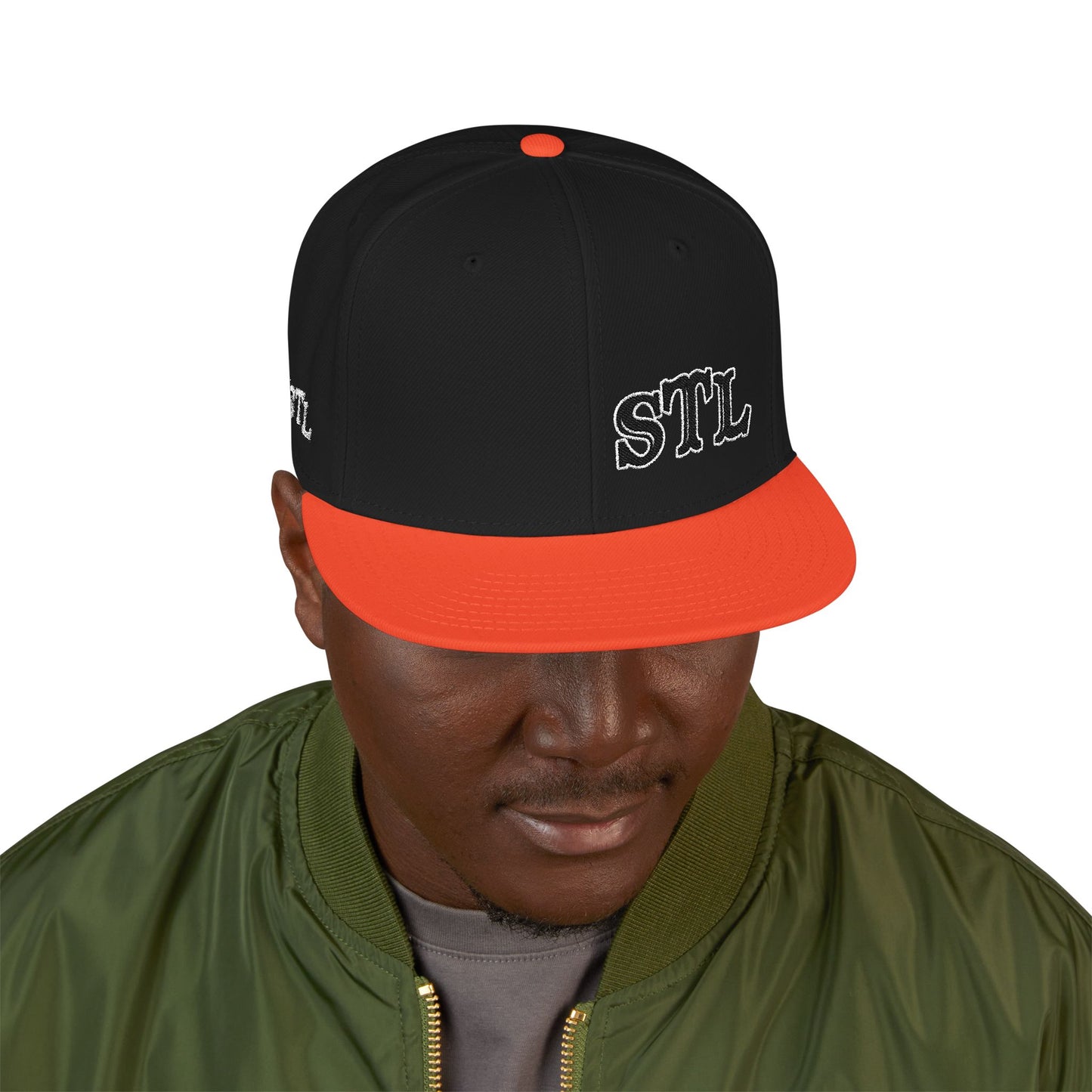 STL Embroidered Snapback Hat- Black & White Lettering Printify