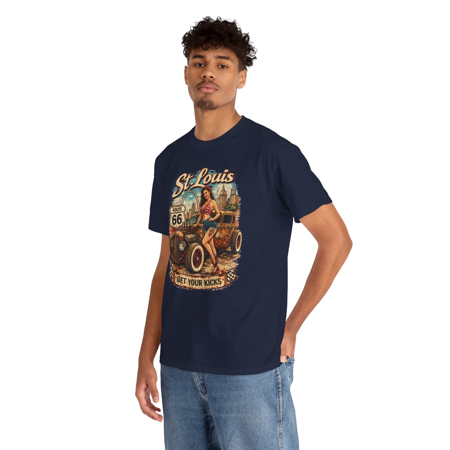 St. Louis Route 66 Vintage Car T‑Shirt — "Get Your Kicks" Retro Road Trip Tee Printify