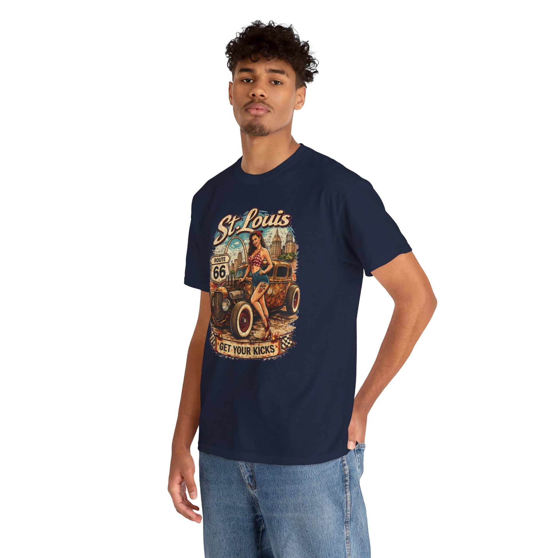 St. Louis Route 66 Vintage Car T‑Shirt — "Get Your Kicks" Retro Road Trip Tee Printify