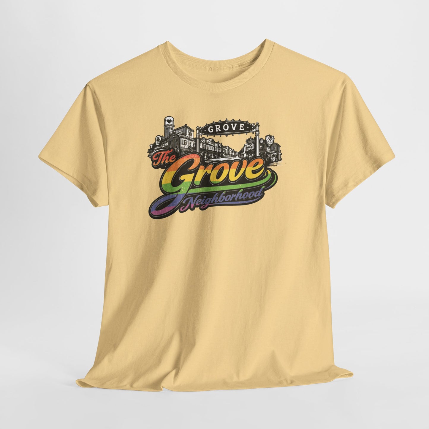 The Grove Neighborhood Tee — Retro Rainbow Logo T-Shirt