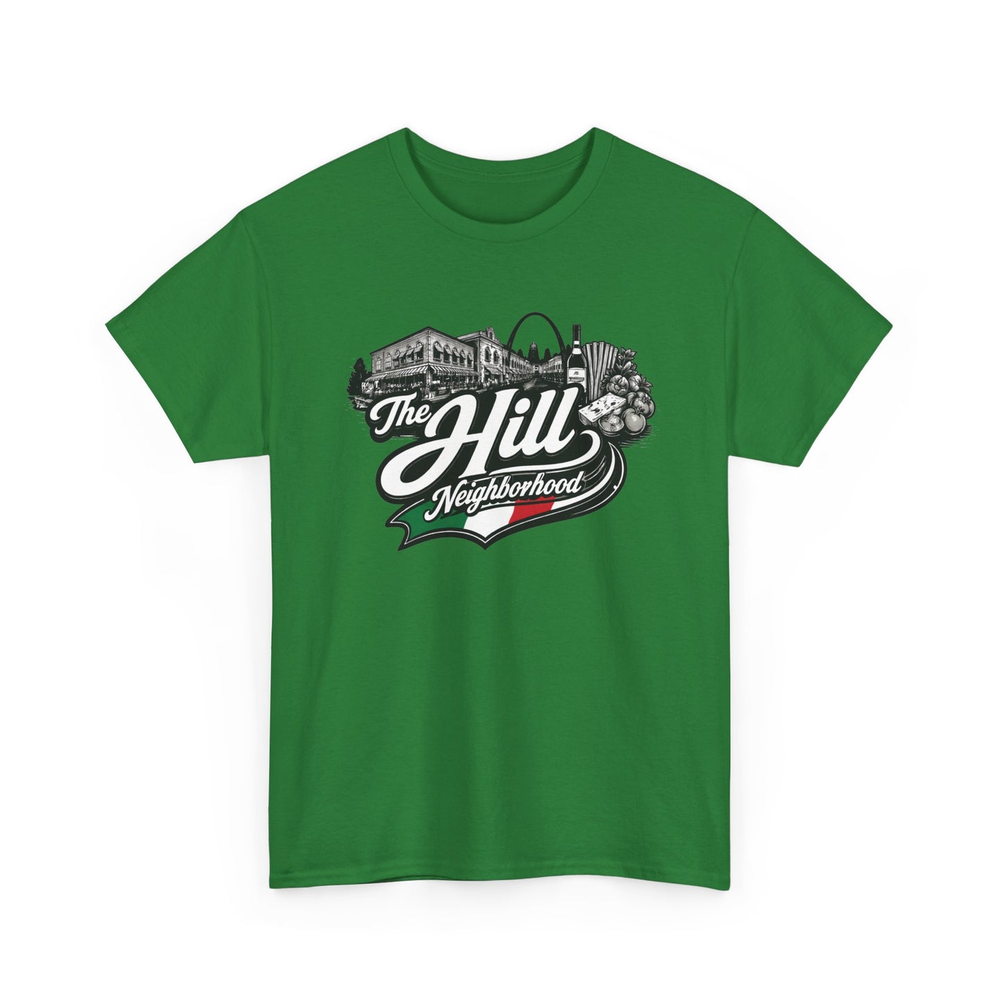 The Hill Neighborhood T-Shirt — Vintage Cityscape Tee with Red, White & Green Accents