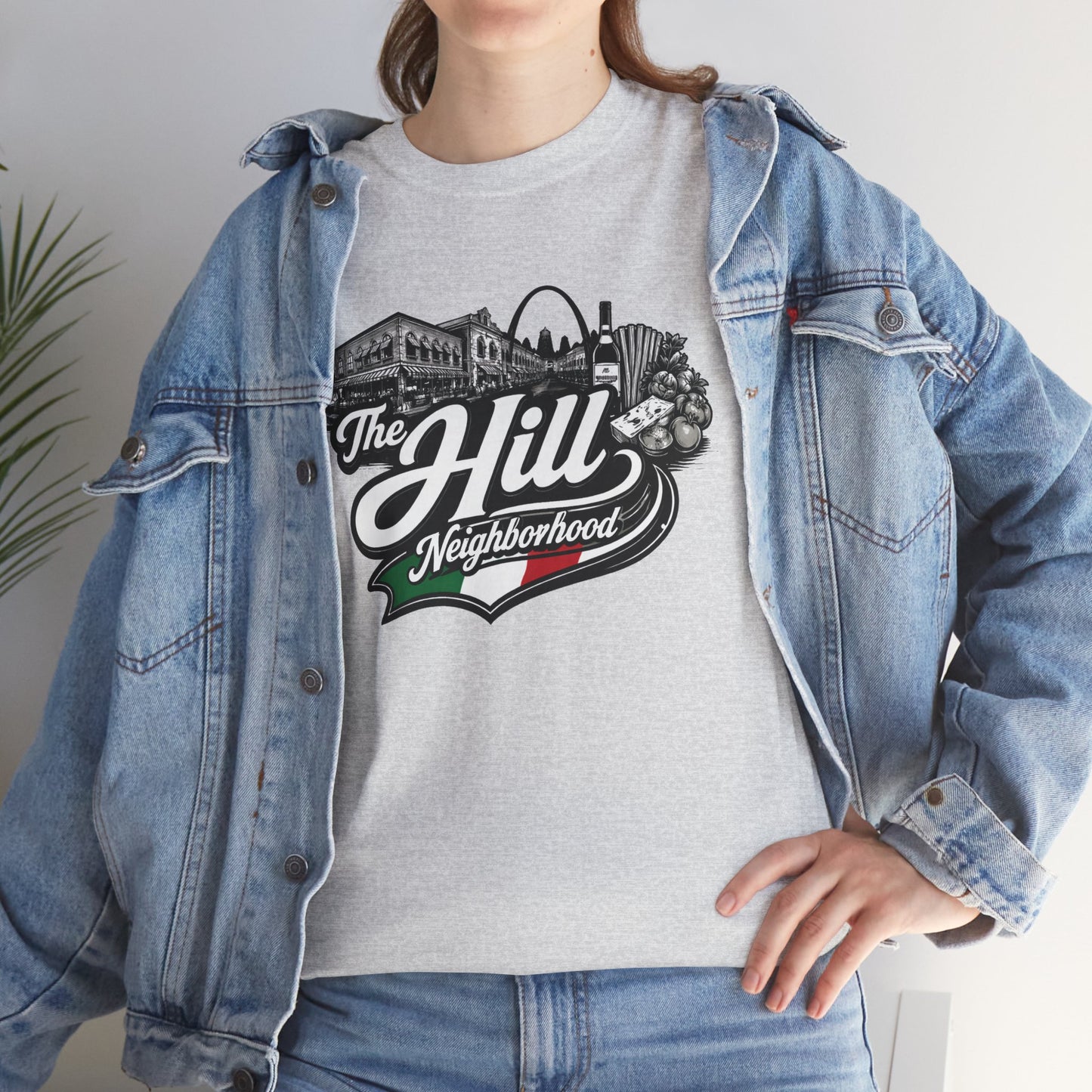 The Hill Neighborhood T-Shirt — Vintage Cityscape Tee with Red, White & Green Accents