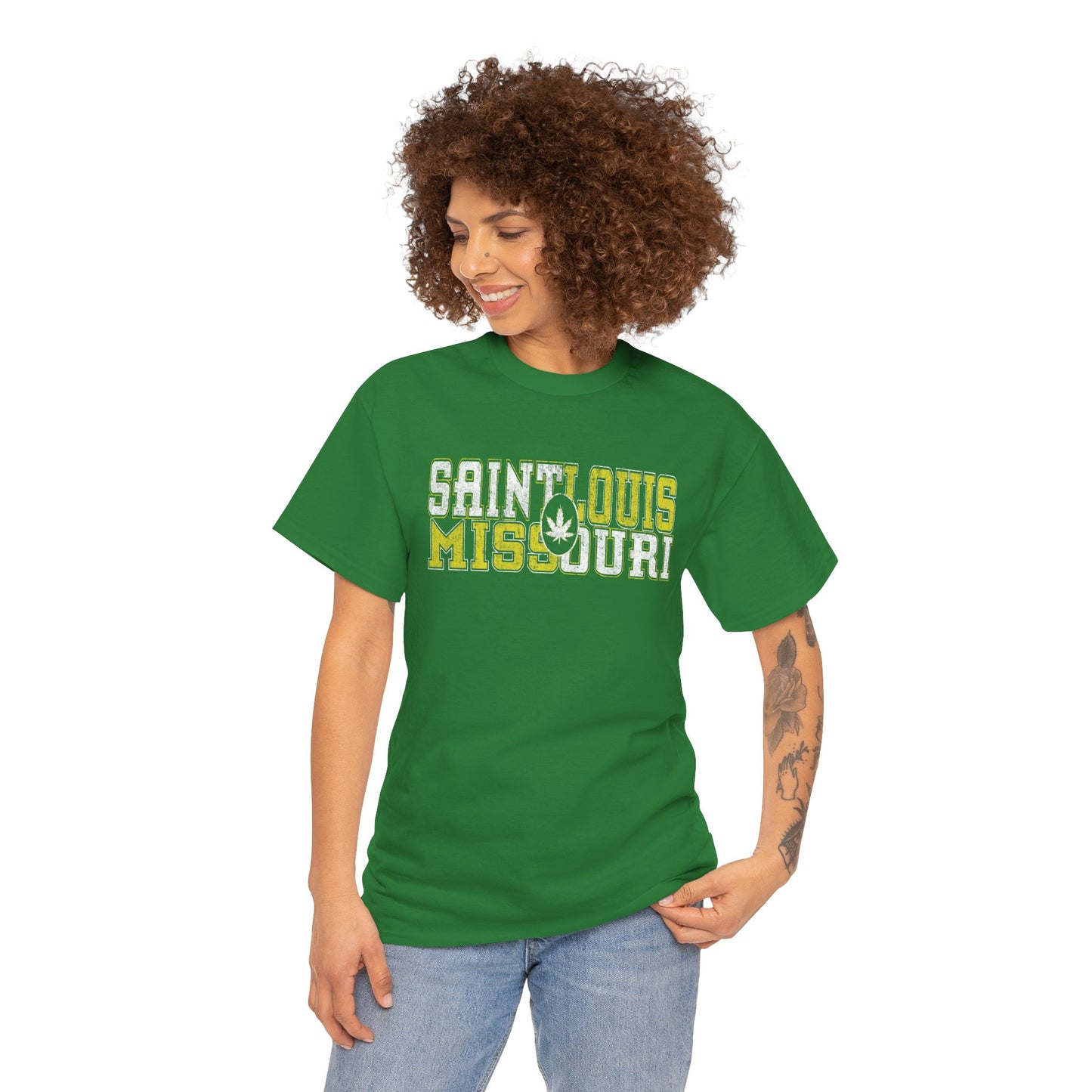 Saint Louis Missouri Tee - Retro Collegiate Cannabis Leaf Design