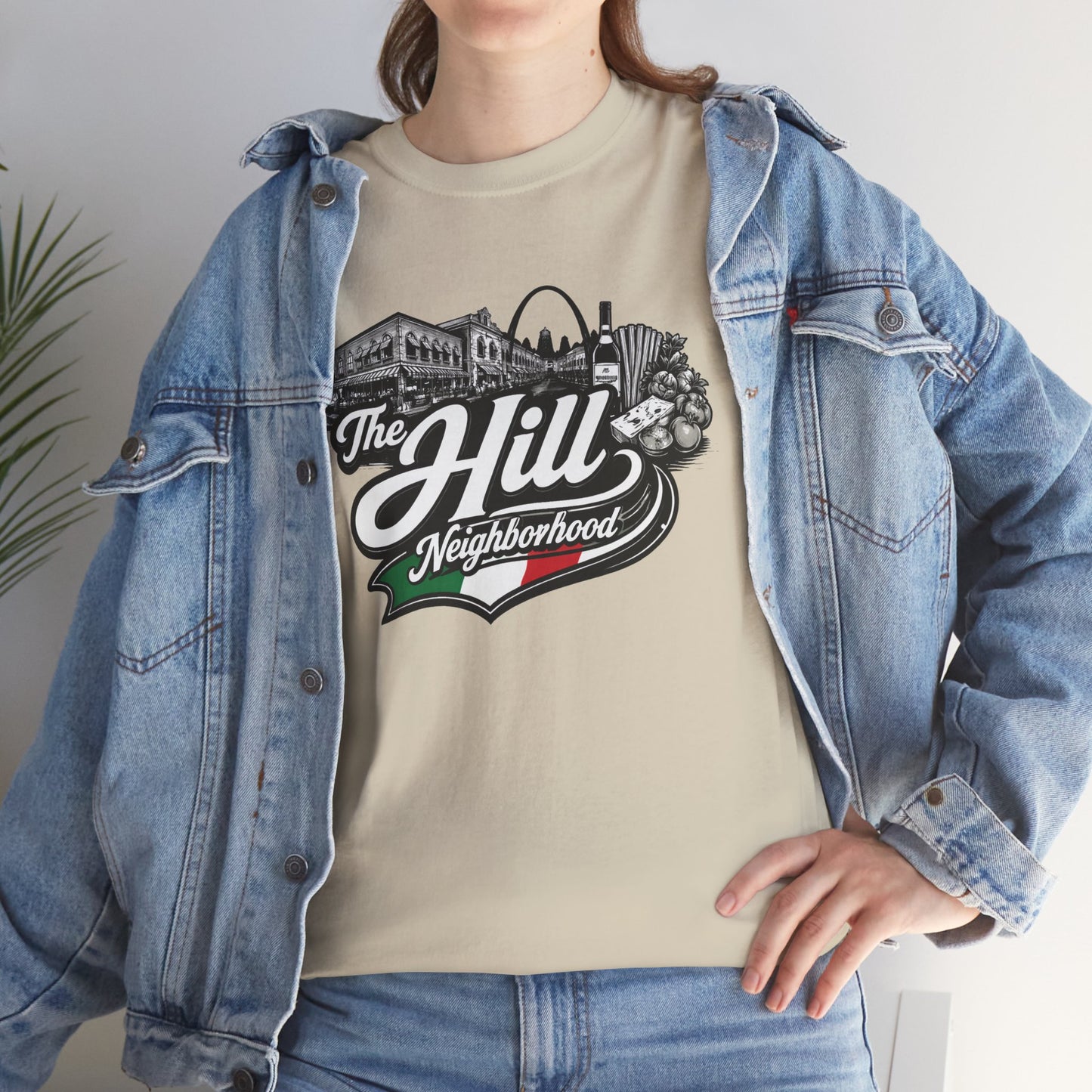 The Hill Neighborhood T-Shirt — Vintage Cityscape Tee with Red, White & Green Accents
