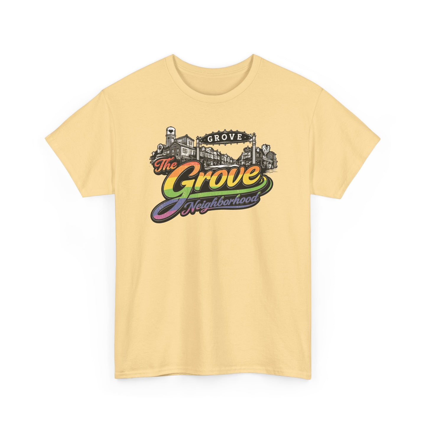 The Grove Neighborhood Tee — Retro Rainbow Logo T-Shirt