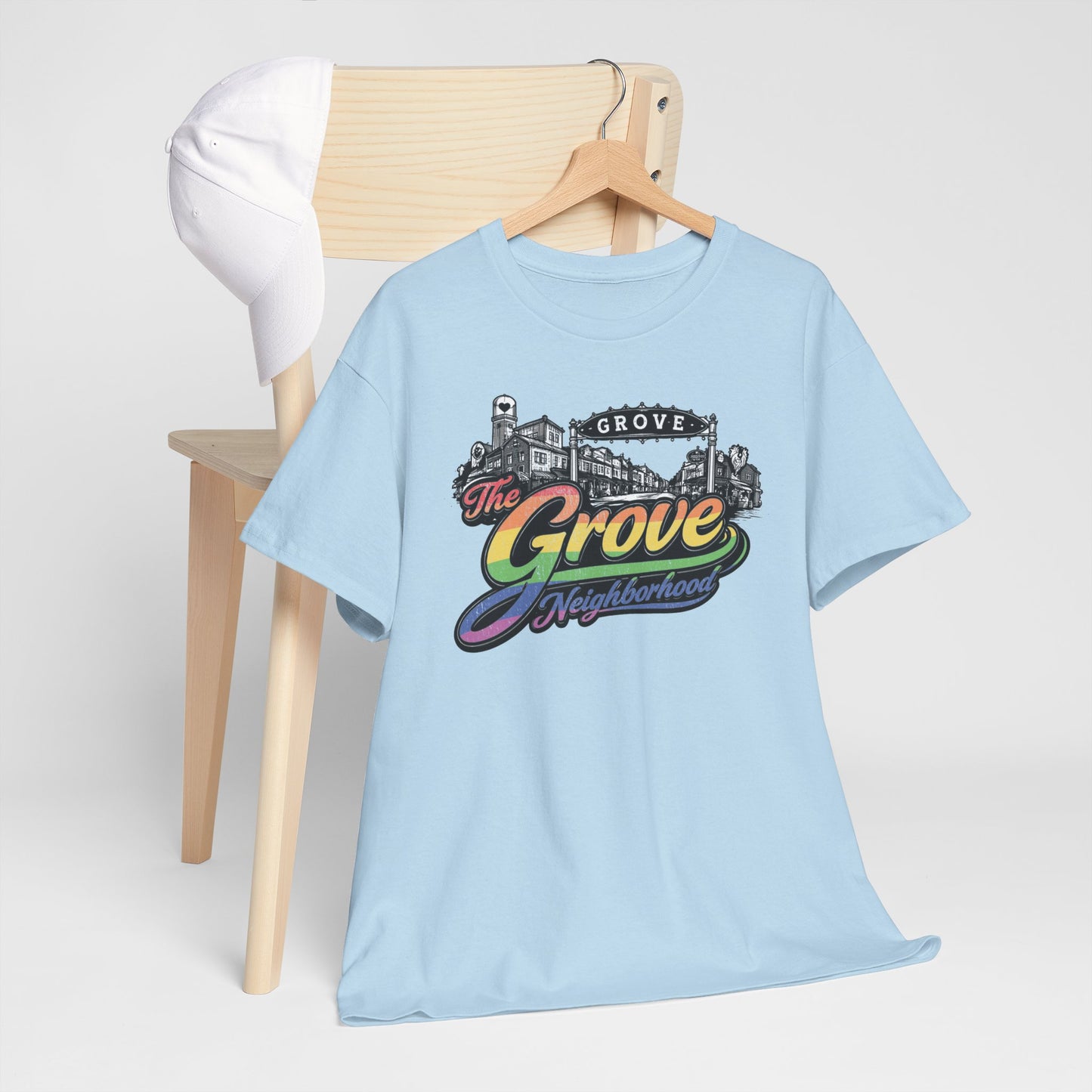 The Grove Neighborhood Tee — Retro Rainbow Logo T-Shirt