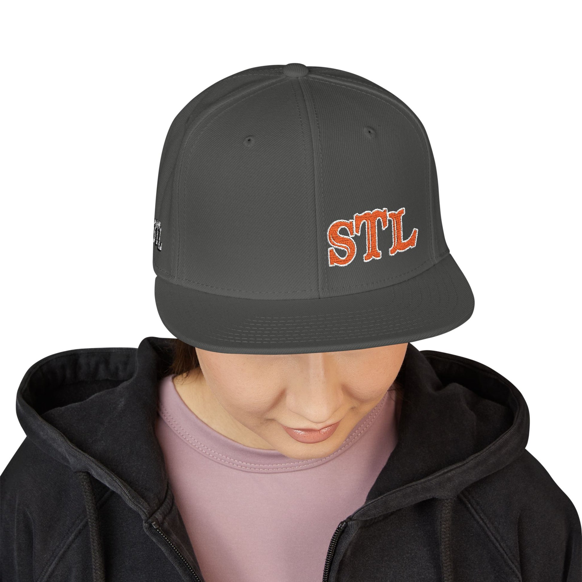 STL Embroidered Snapback Hat-Orange & White Lettering Printify
