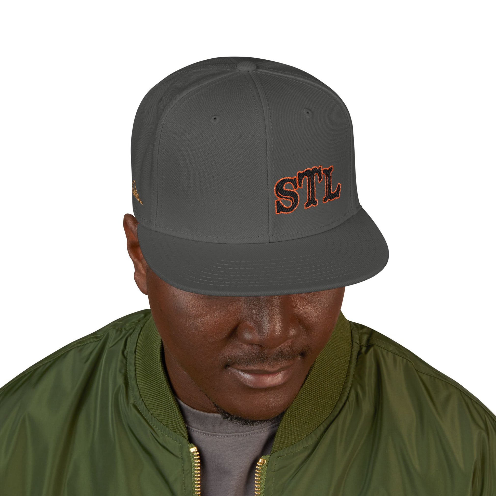 STL Embroidered Snapback Hat- Black & Orange Lettering Printify