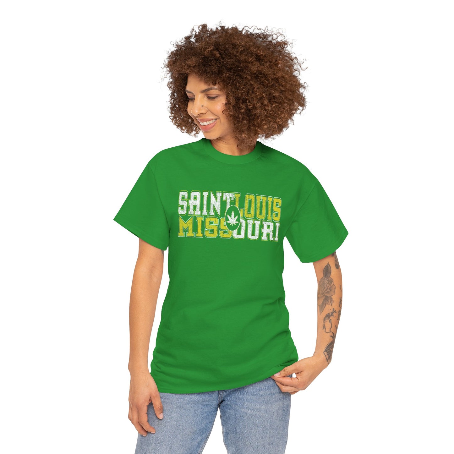 Saint Louis Missouri Tee - Retro Collegiate Cannabis Leaf Design