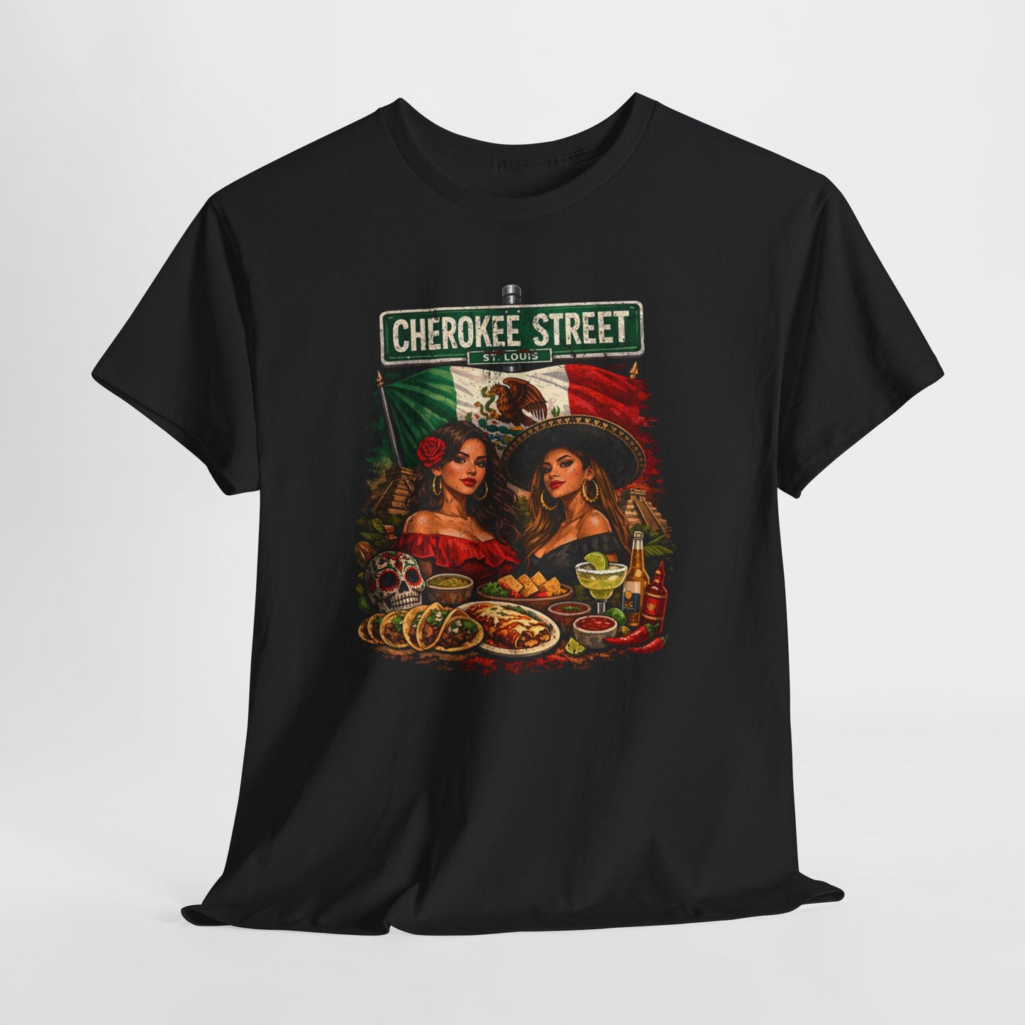 Cherokee Street Mexican Food Tee — Vintage Chicana Girls Street Sign T-Shirt