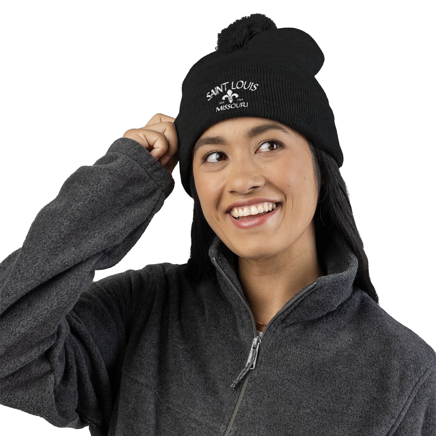 St. Louis Pom Pom Knit Cap — Embroidered Cuffed Beanie