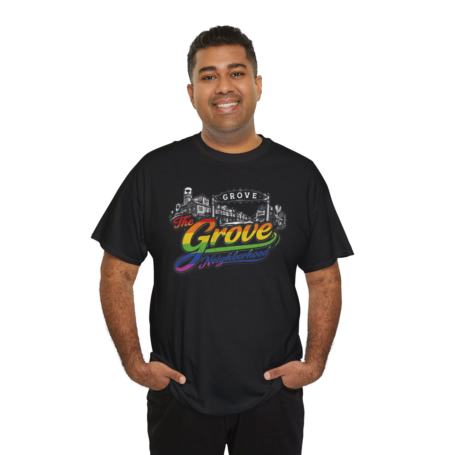 The Grove Neighborhood Tee — Retro Rainbow Logo T-Shirt