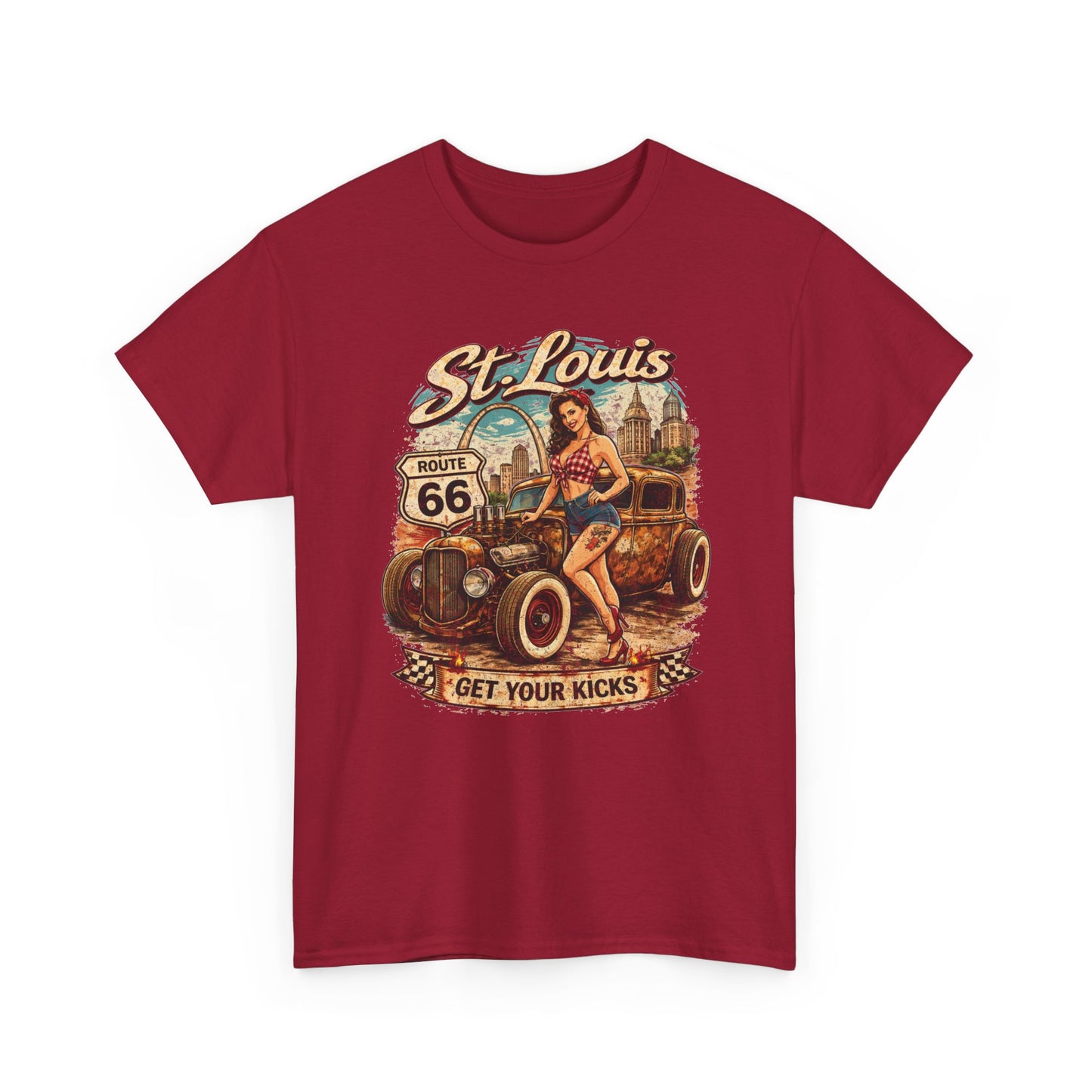 St. Louis Route 66 Vintage Car T‑Shirt — "Get Your Kicks" Retro Road Trip Tee Printify