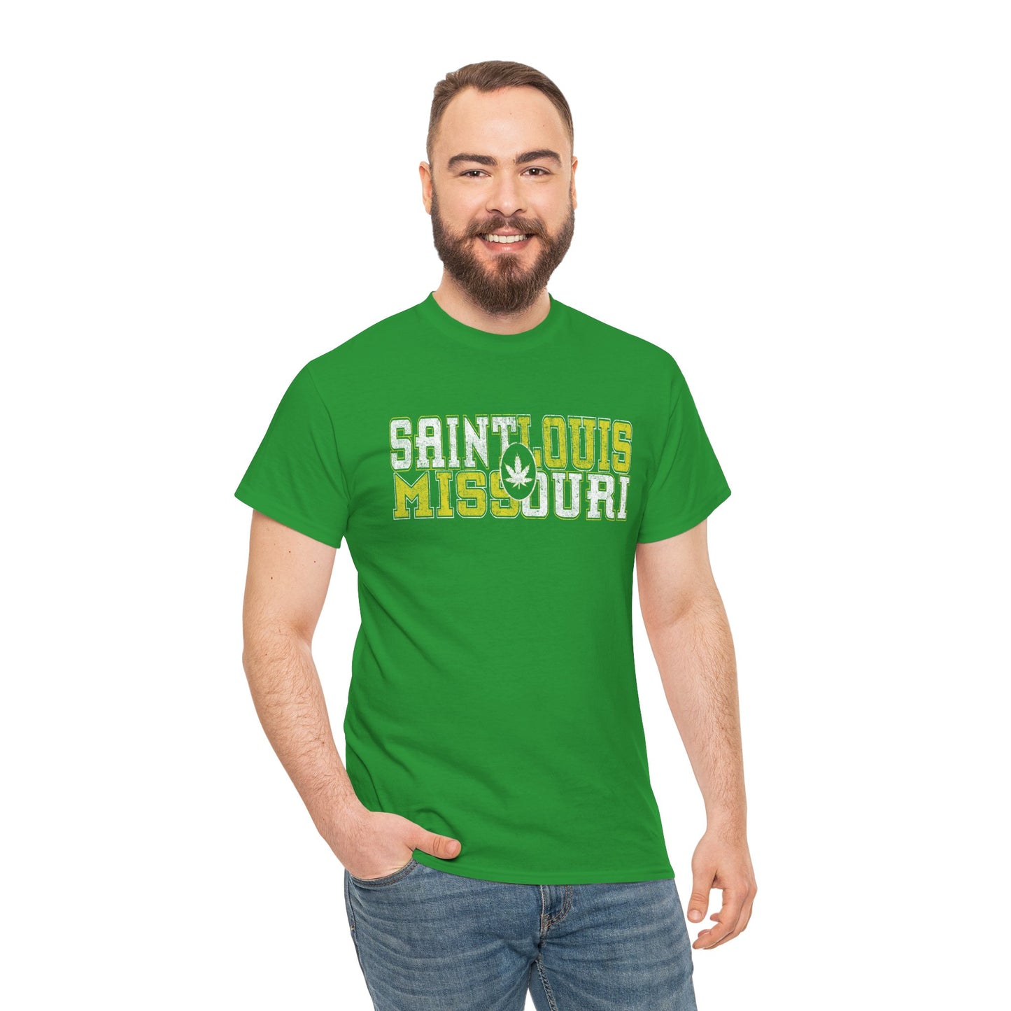 Saint Louis Missouri Tee - Retro Collegiate Cannabis Leaf Design