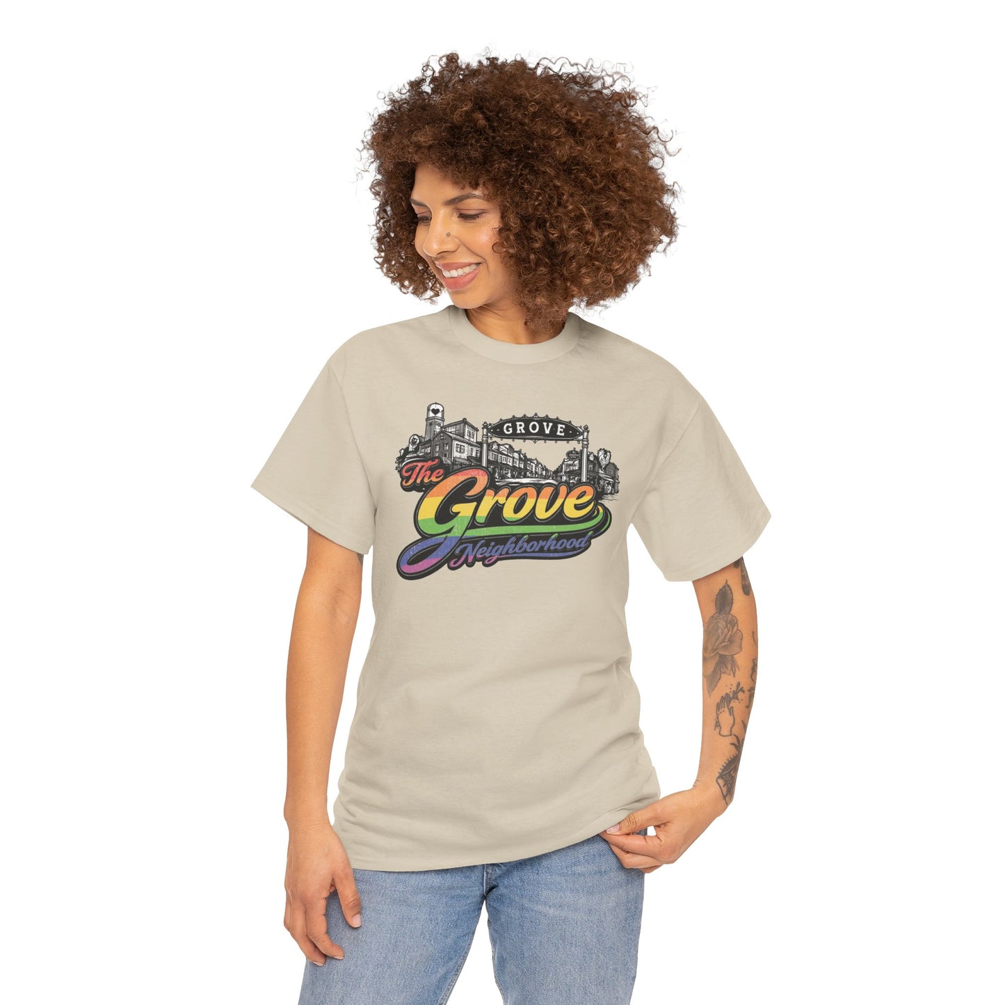 The Grove Neighborhood Tee — Retro Rainbow Logo T-Shirt