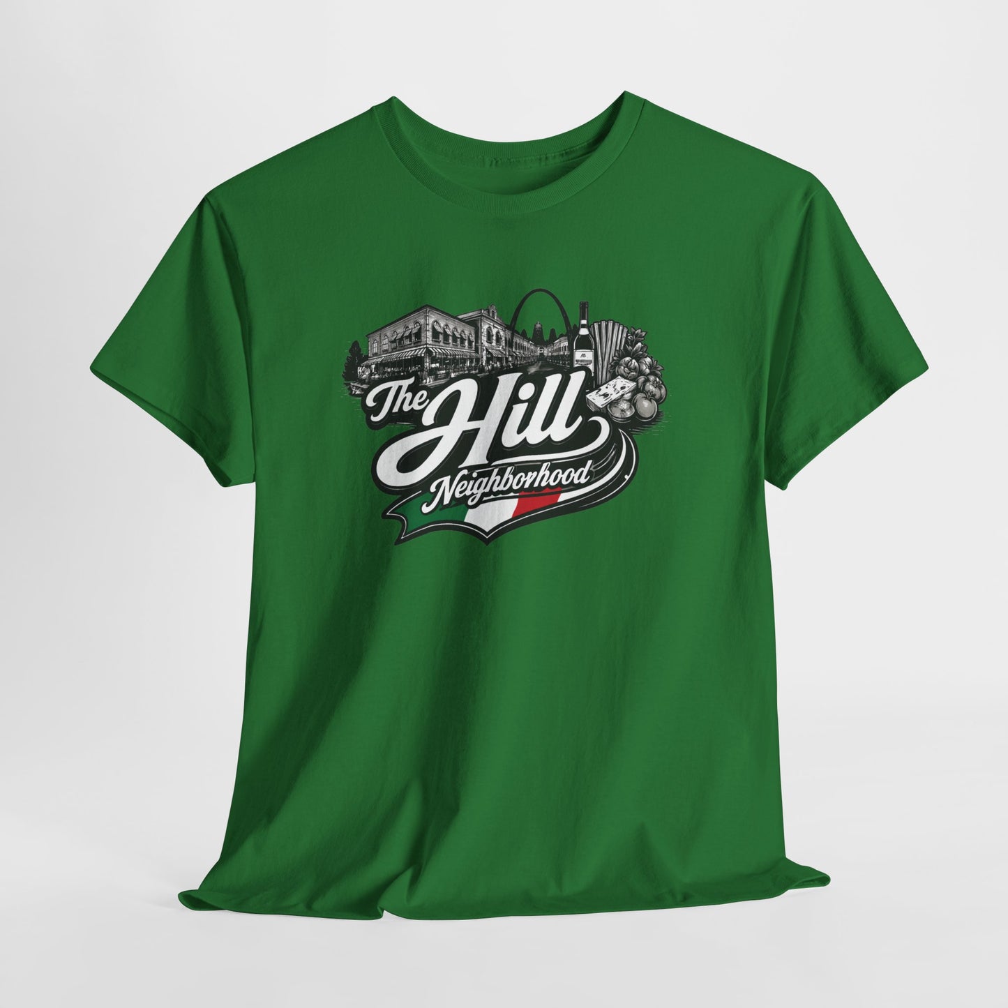 The Hill Neighborhood T-Shirt — Vintage Cityscape Tee with Red, White & Green Accents