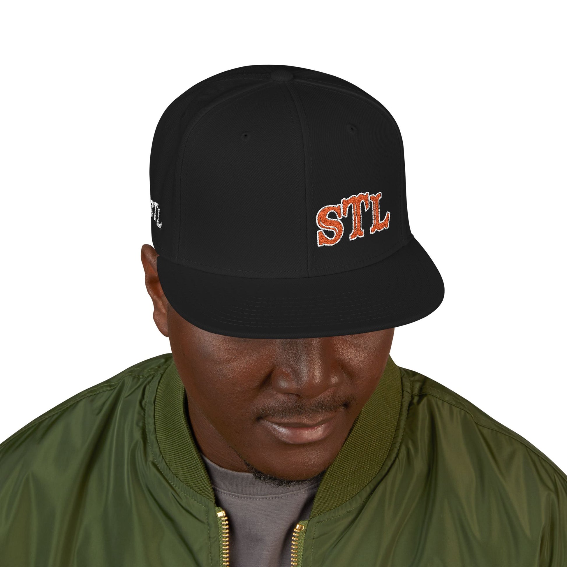 STL Embroidered Snapback Hat-Orange & White Lettering Printify