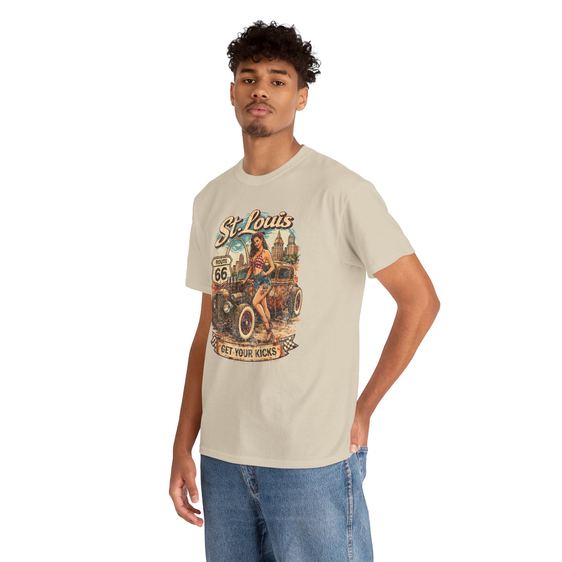 St. Louis Route 66 Vintage Car T‑Shirt — "Get Your Kicks" Retro Road Trip Tee Printify