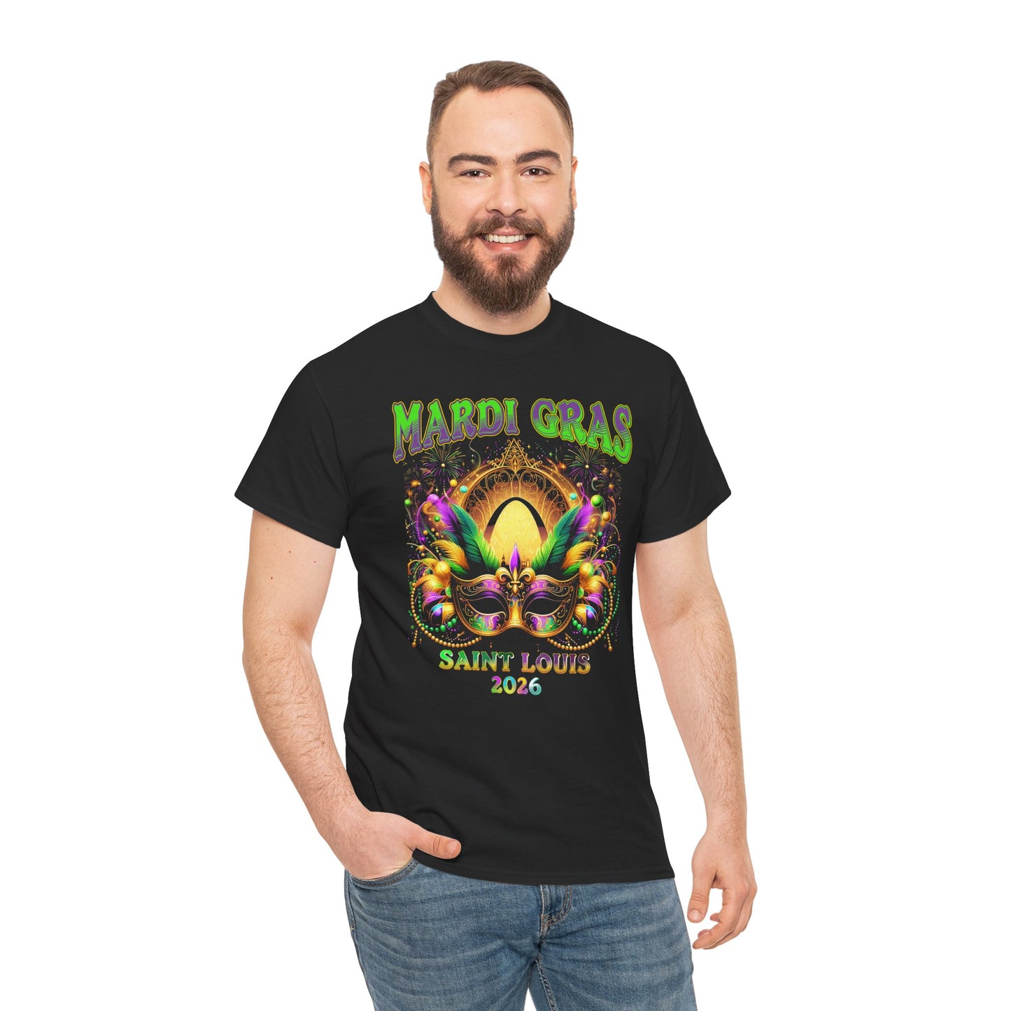 Mardi Gras Graphic Tee — Festive Carnival Mask & Beads Shirt