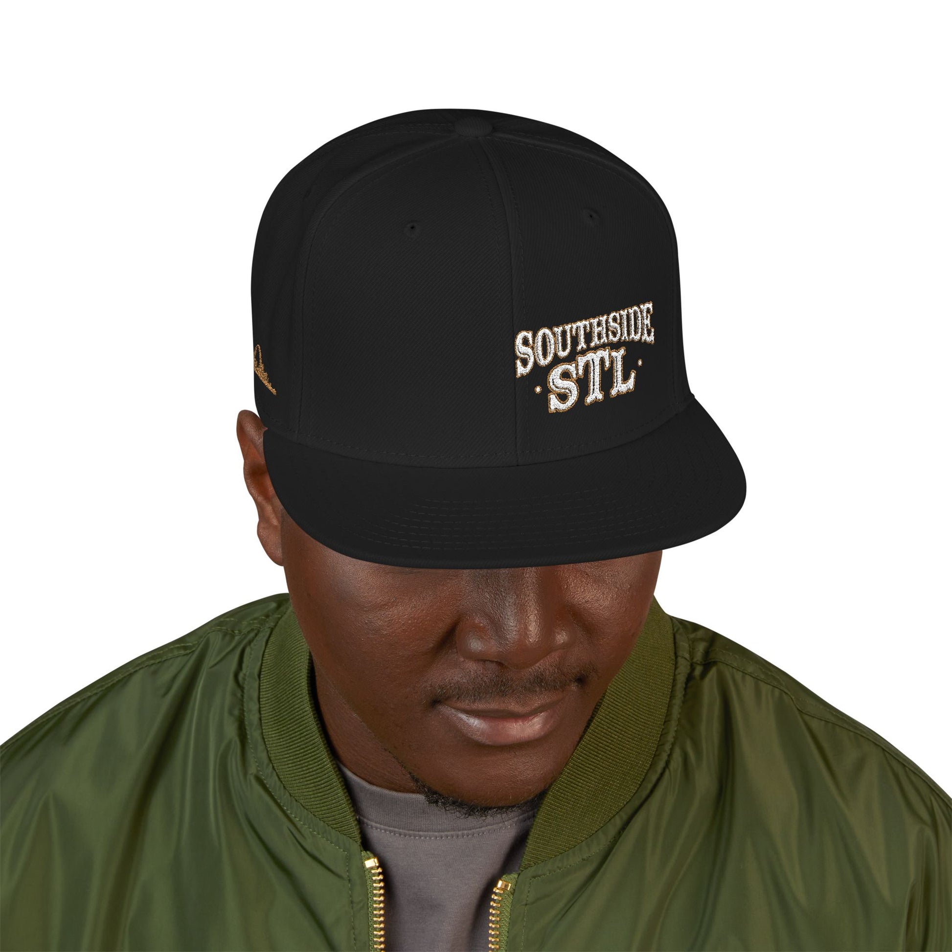 Embroidered Snapback Hat - Southside STL - White & Gold Lettering Printify