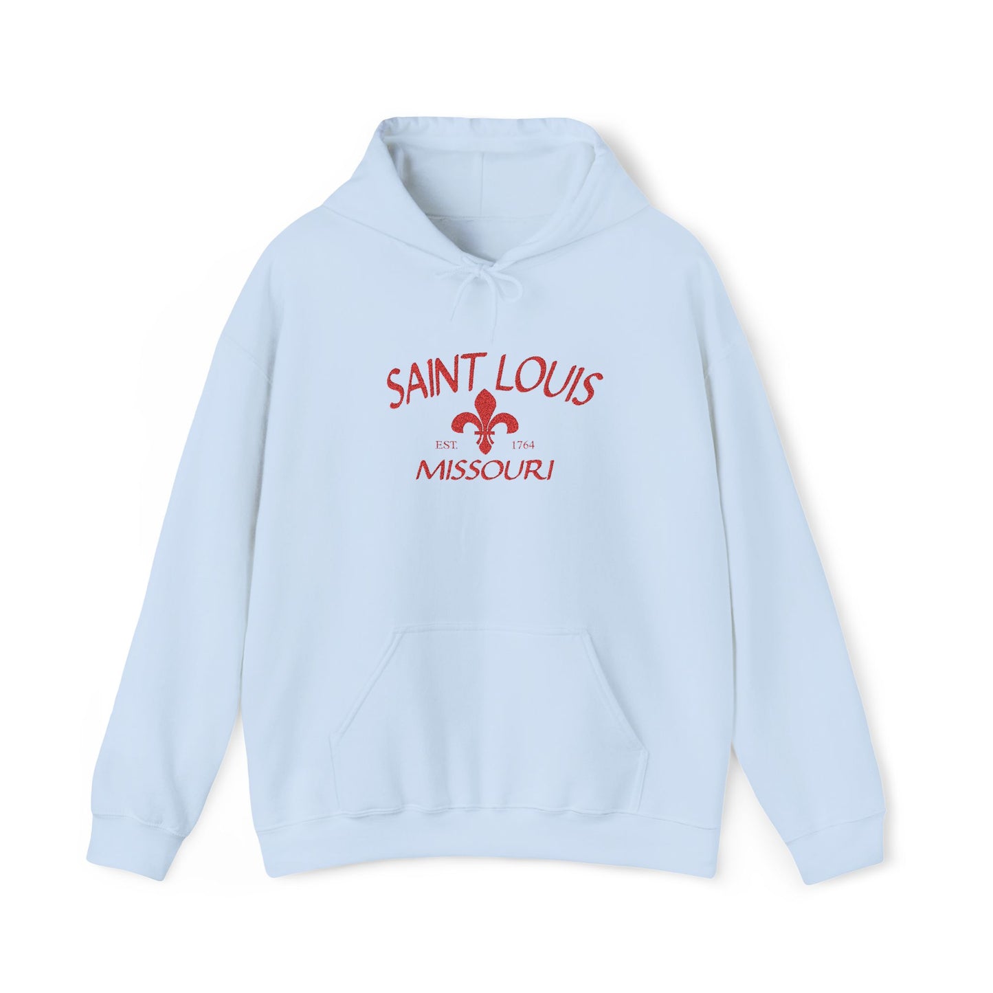 Saint Louis Missouri Embroidered Hoodie — Red Lettering
