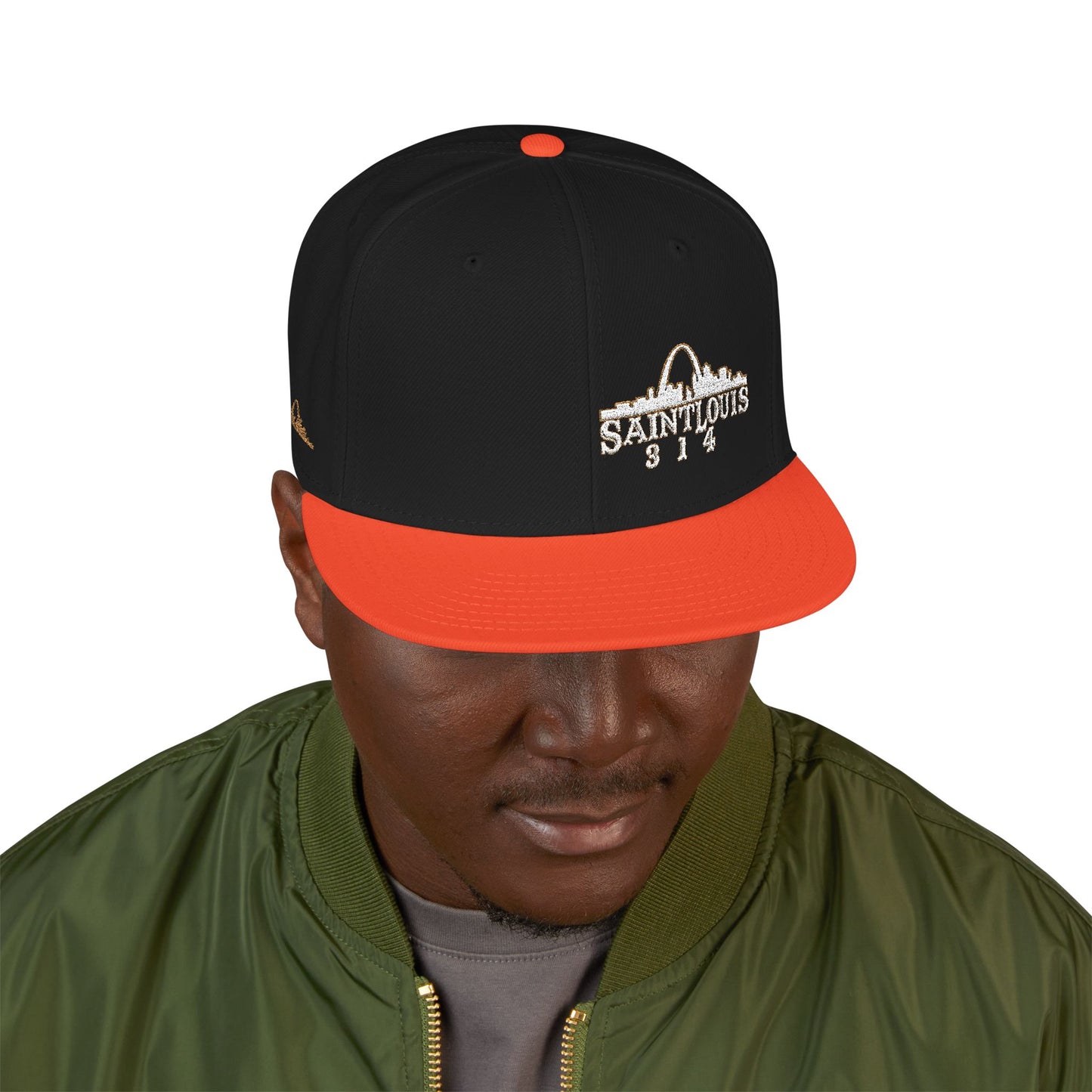 Embroidered Snapback Hat - Saint Louis - White and Gold Lettering Printify
