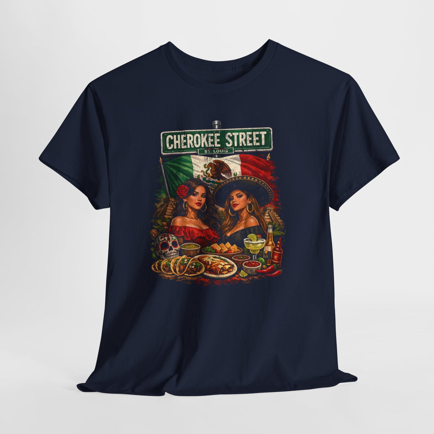 Cherokee Street Mexican Food Tee — Vintage Chicana Girls Street Sign T-Shirt