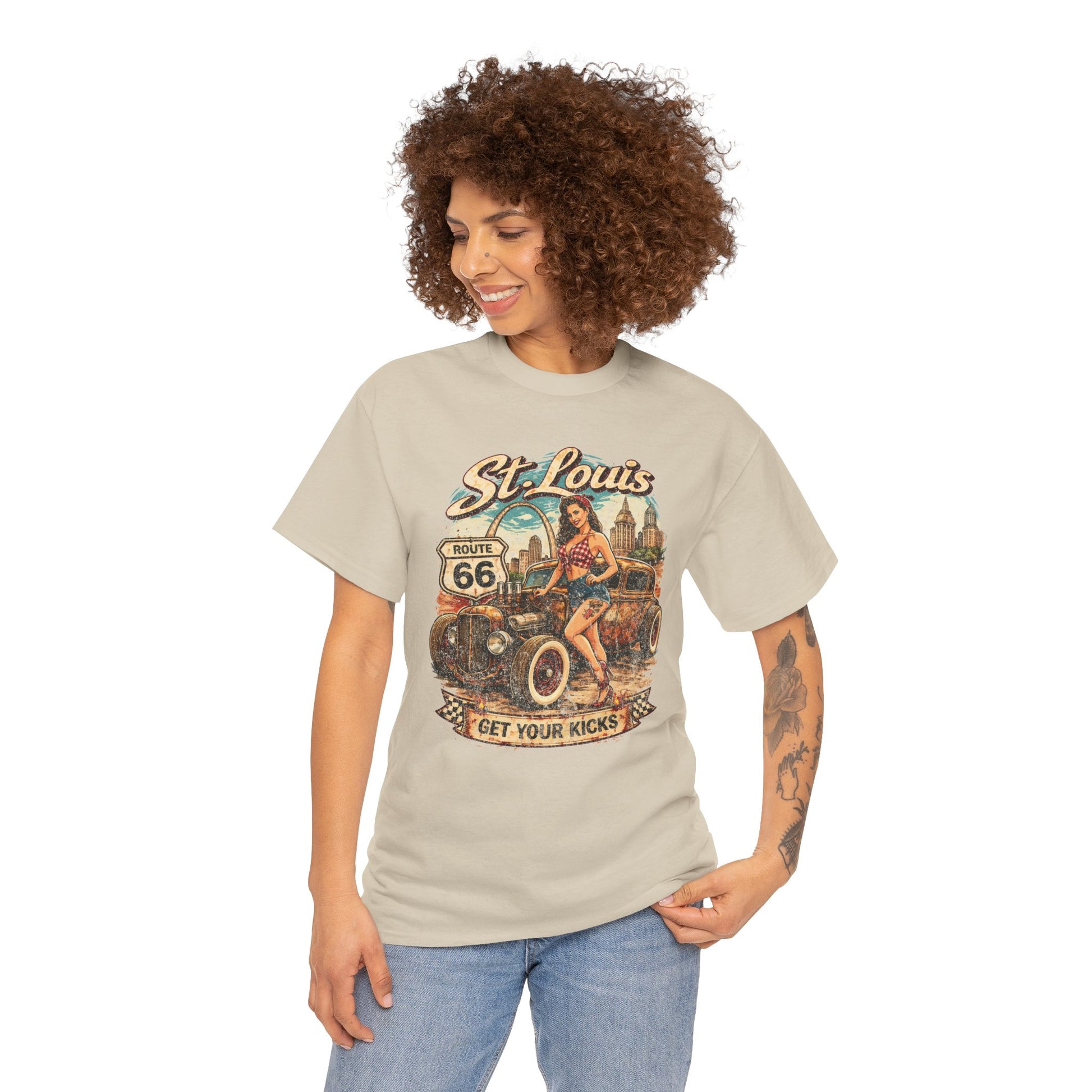 St. Louis Route 66 Vintage Car T‑Shirt — "Get Your Kicks" Retro Road Trip Tee Printify