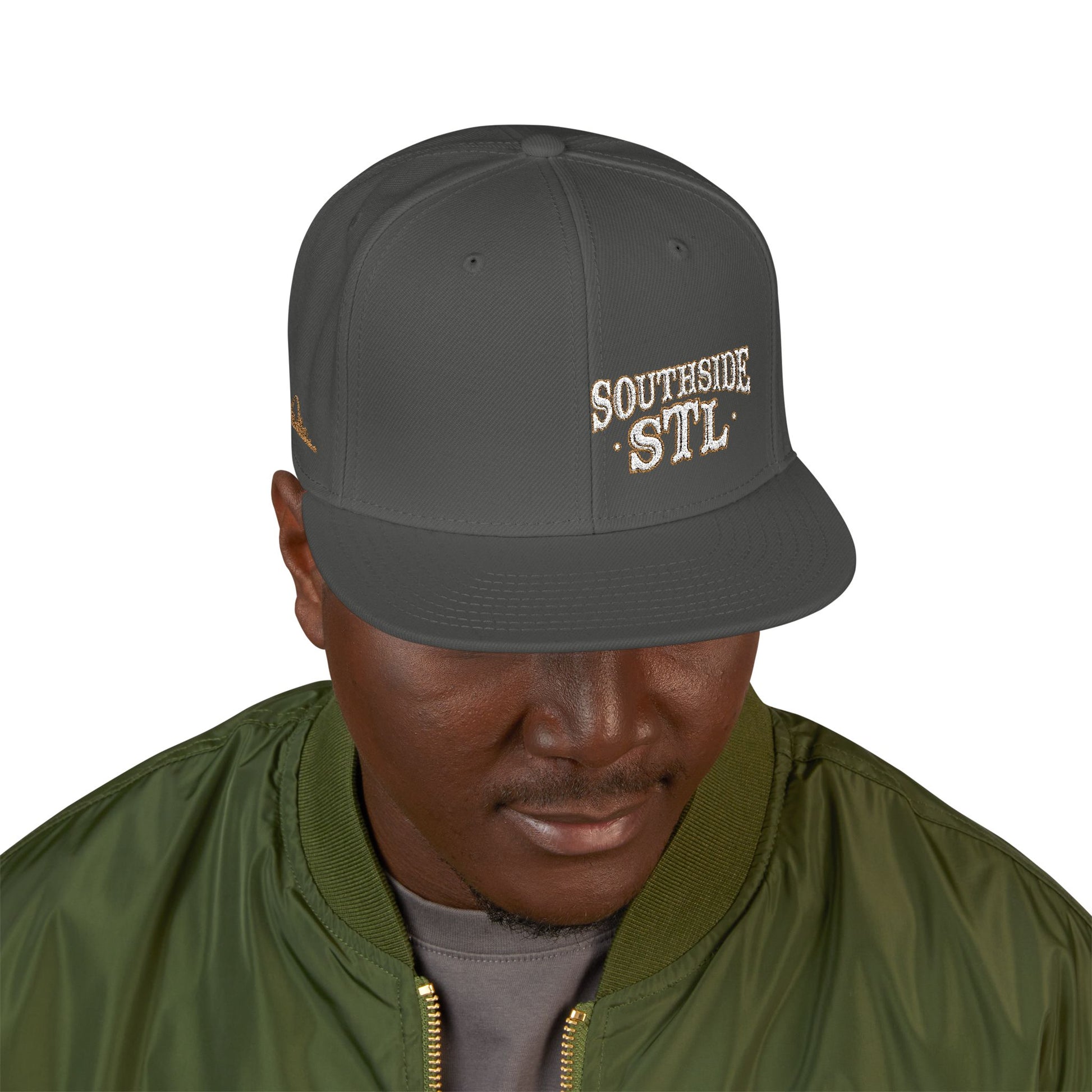 Embroidered Snapback Hat - Southside STL - White & Gold Lettering Printify