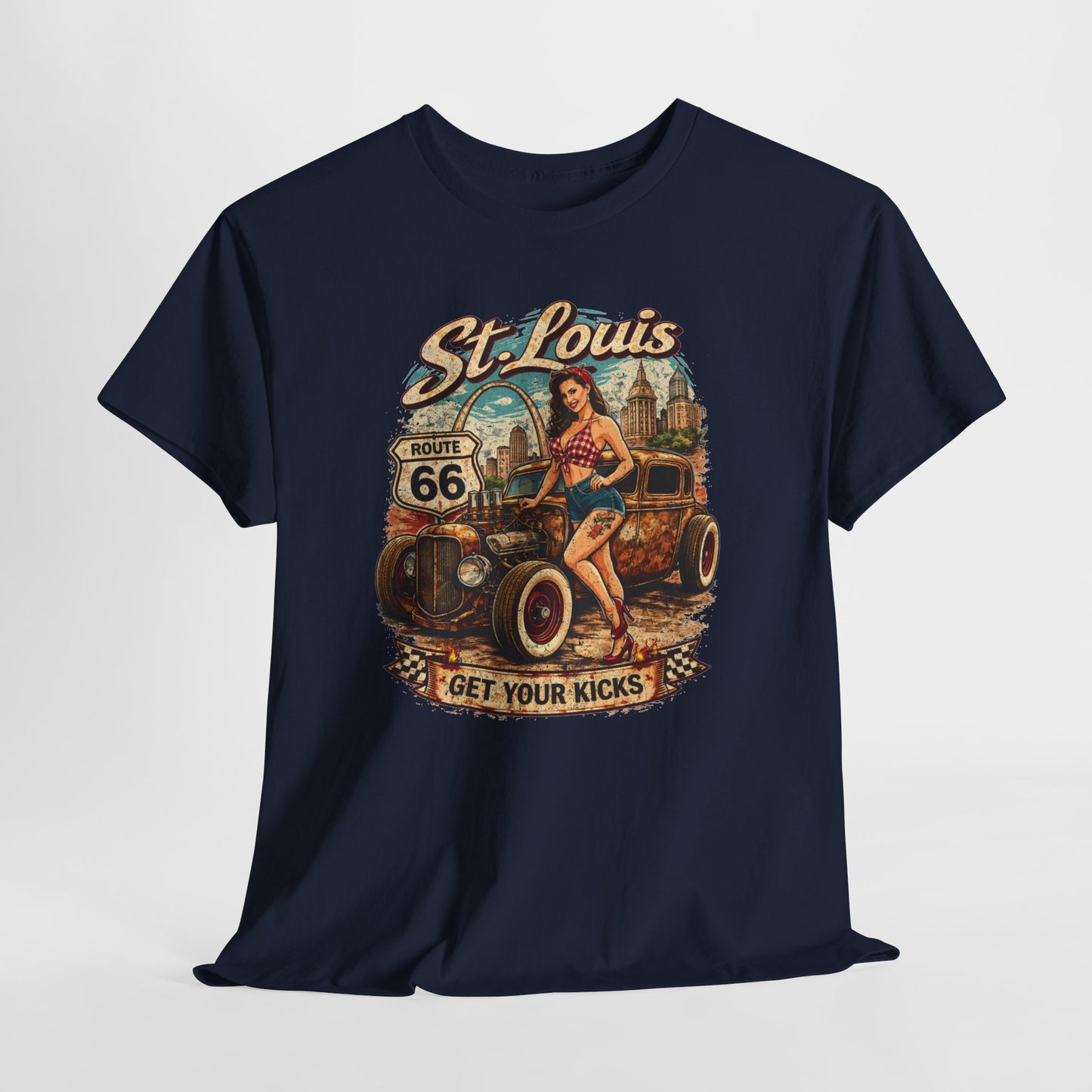 St. Louis Route 66 Vintage Car T‑Shirt — "Get Your Kicks" Retro Road Trip Tee Printify