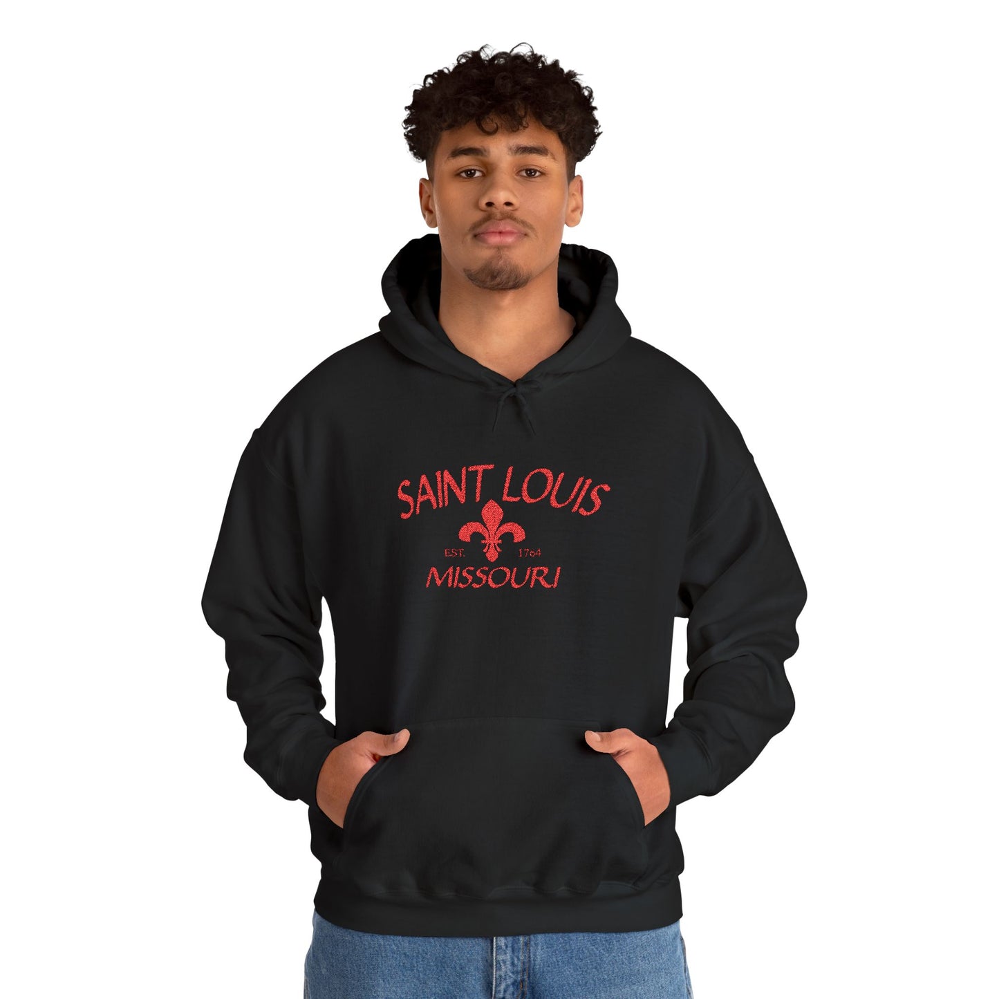 Saint Louis Missouri Embroidered Hoodie — Red Lettering