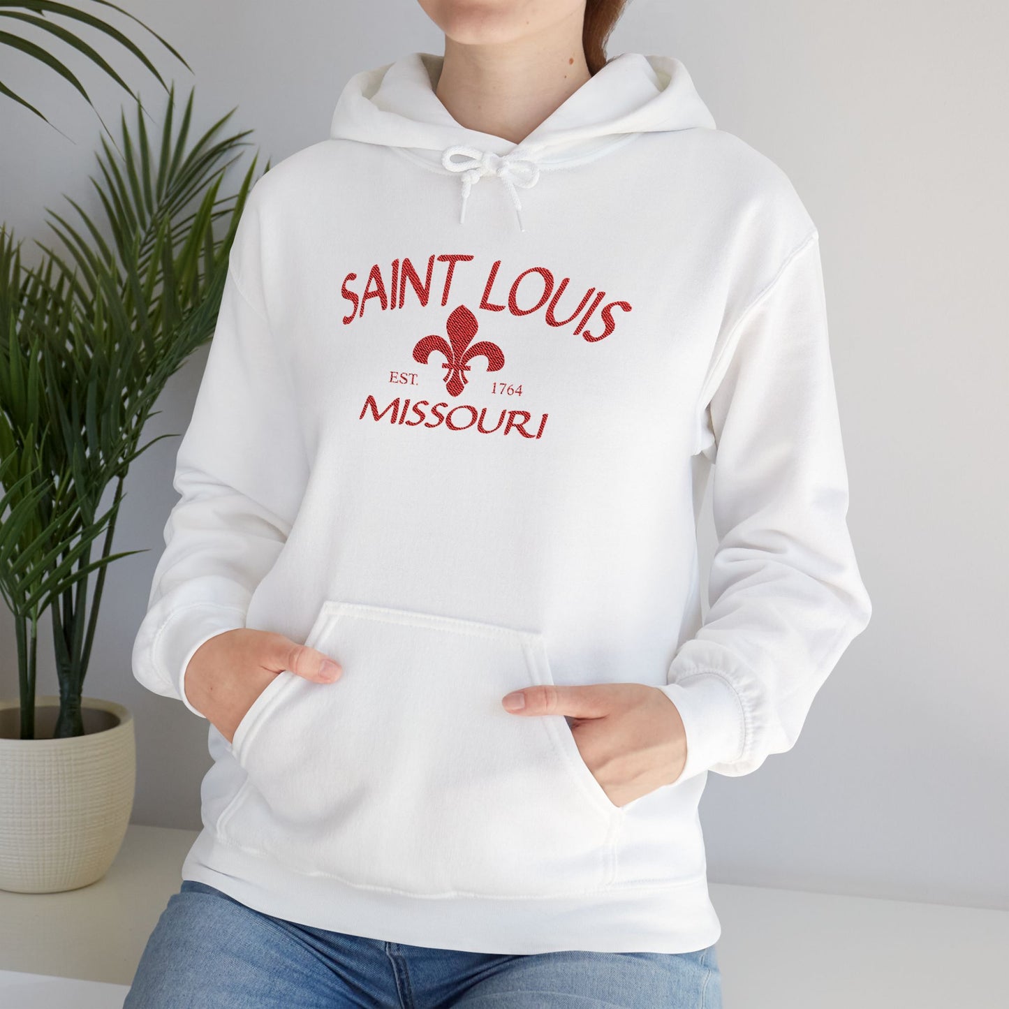 Saint Louis Missouri Embroidered Hoodie — Red Lettering