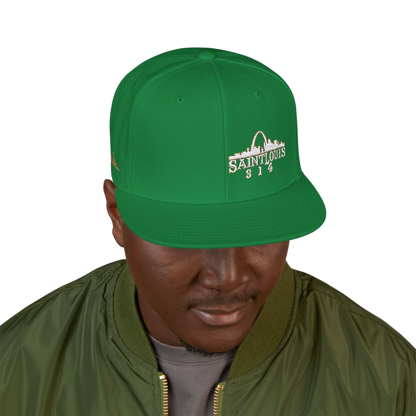 Embroidered Snapback Hat - Saint Louis - White and Gold Lettering Printify