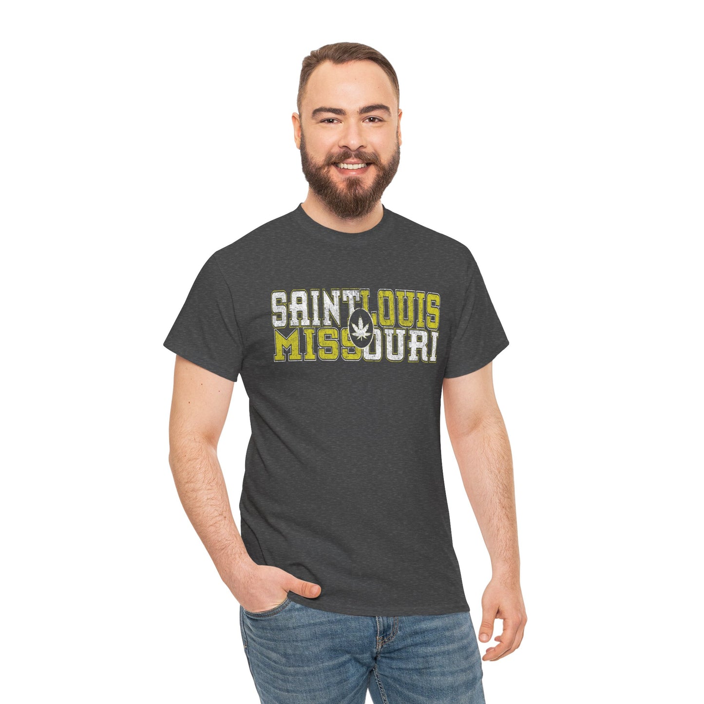 Saint Louis Missouri Tee - Retro Collegiate Cannabis Leaf Design