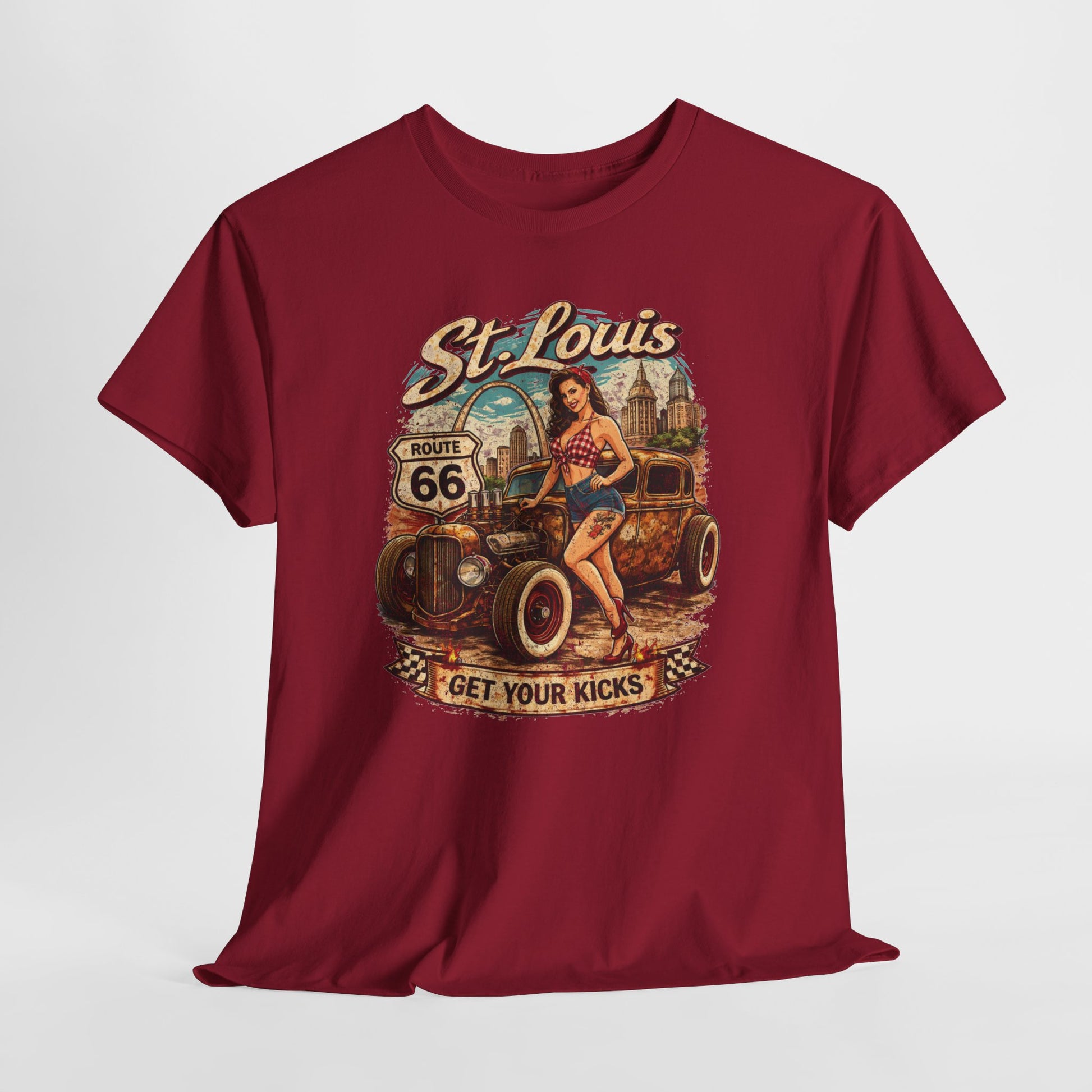 St. Louis Route 66 Vintage Car T‑Shirt — "Get Your Kicks" Retro Road Trip Tee Printify